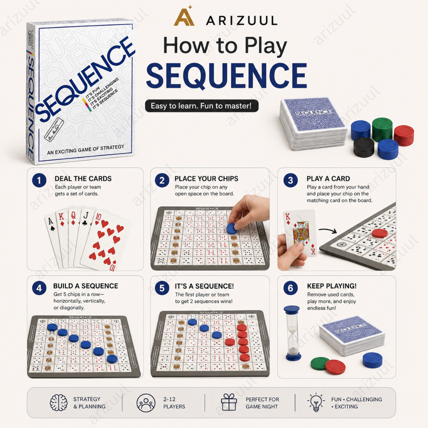 Image of Arizuul Sequence Family Game Strategy Card Board Game for Game Night 2-12 Players Board Game Accessories