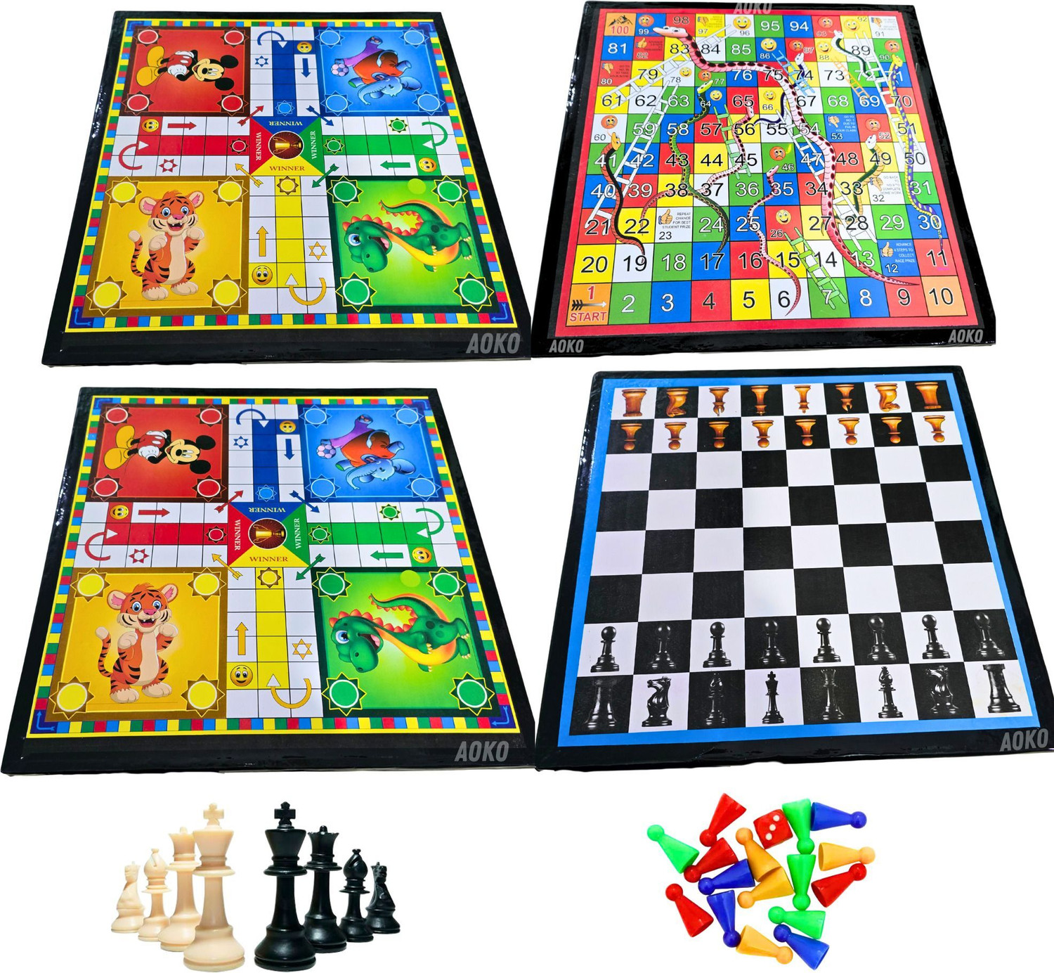Image of AOKO COMBO of 2 Ludo And Chess + Ludo Snakes & Ladders Size 12x12 Inches Party & Fun Board Game