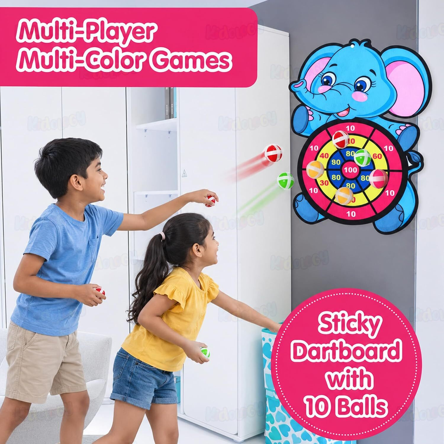 Image of KIDOLOGY Dart Board Game for Kids Age 3+ Years with 10 Sticky Balls (Elephant Theme) Dart Board Game