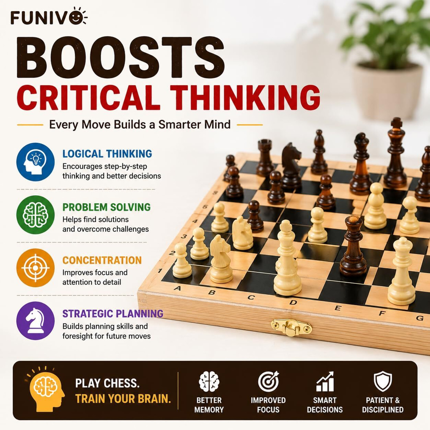 Image of FUNIVO Wooden Folding Chess Board Game Strategy & War Board Game