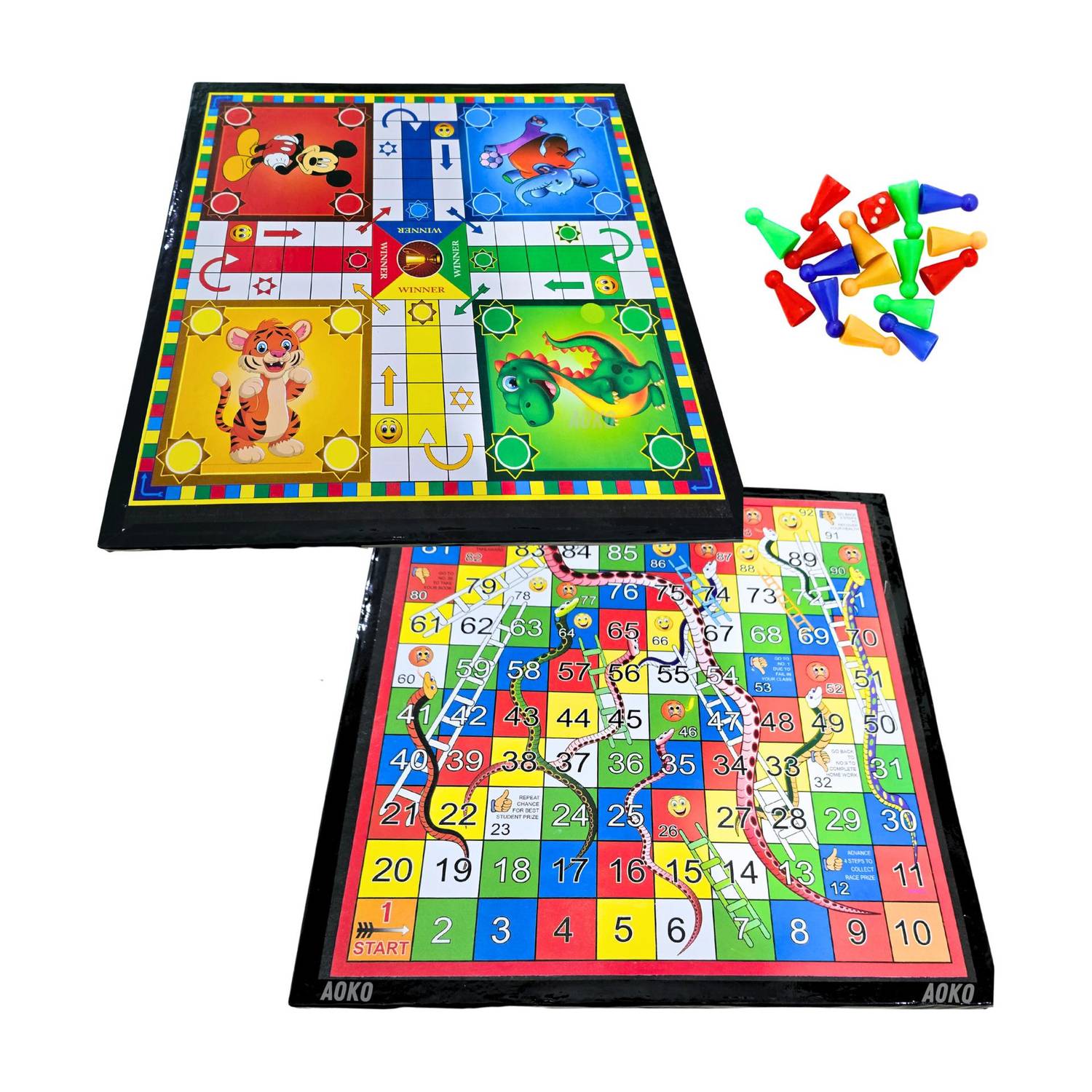 AOKO Particle Board Light Weight Ludo + Snake & Ladders 2 in 1 One Ludo Coins + Dice Board Game Accessories