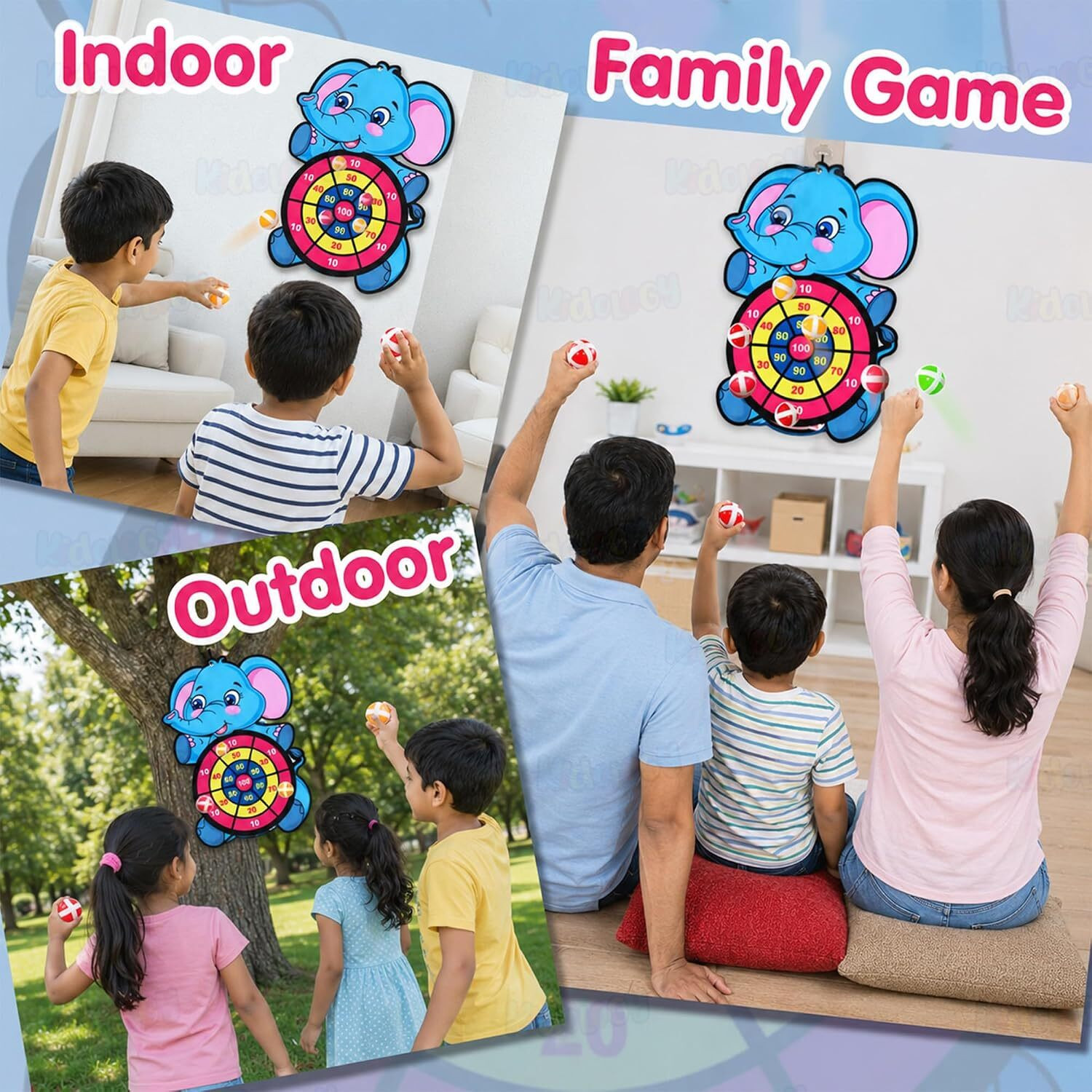 Image of KIDOLOGY Dart Board Game for Kids Age 3+ Years with 10 Sticky Balls (Elephant Theme) Dart Board Game