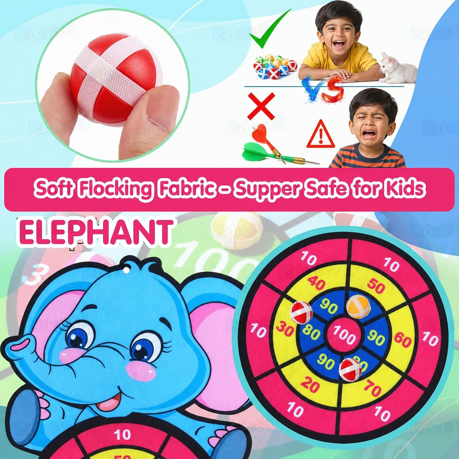 Image of KIDOLOGY Dart Board Game for Kids Age 3+ Years with 10 Sticky Balls (Elephant Theme) Dart Board Game