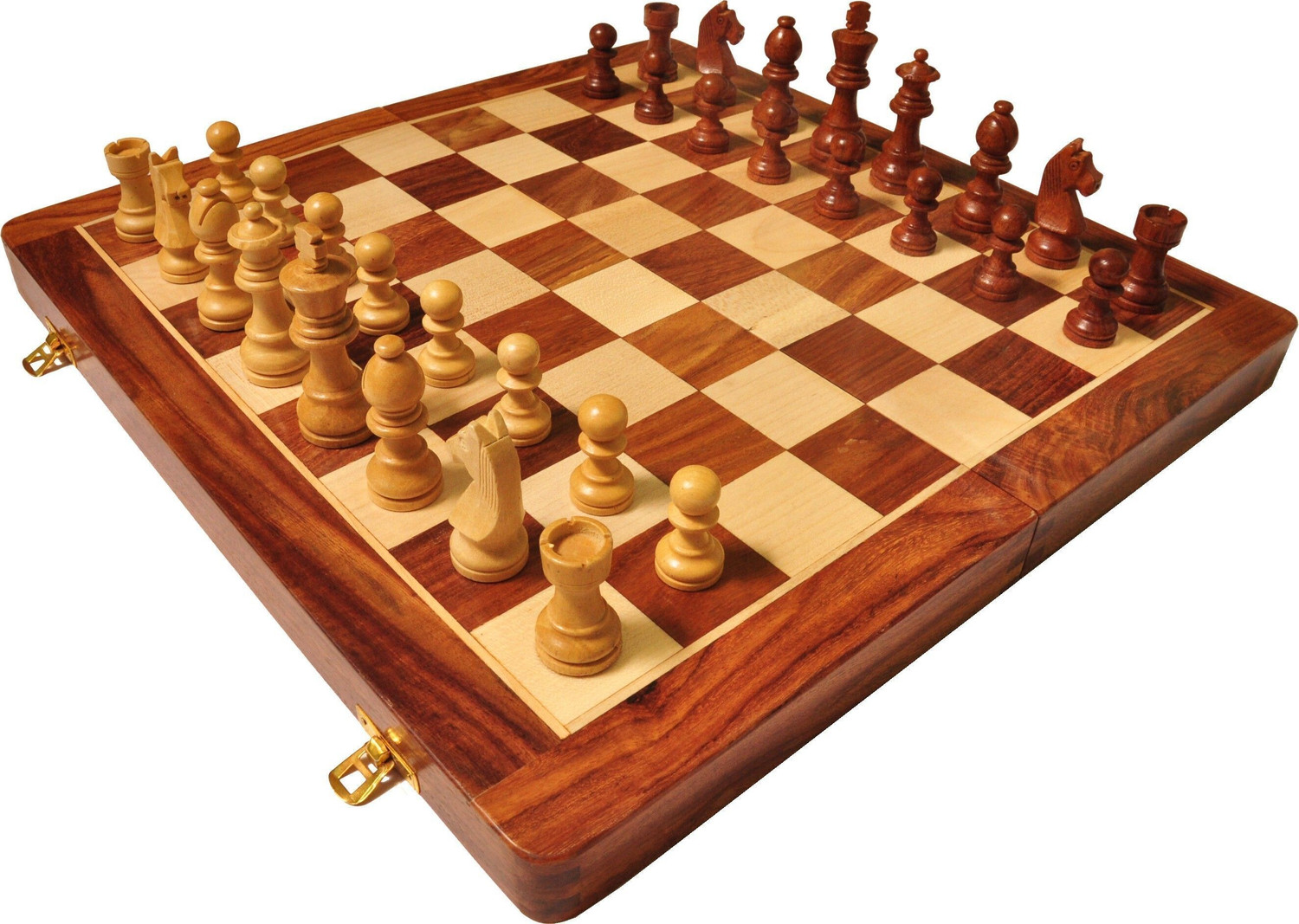 Image of Palm Royal Handicrafts Magnetic Folding Wooden Chess Board with 32 chess Pieces and 2 extra queen Educational Board Games
