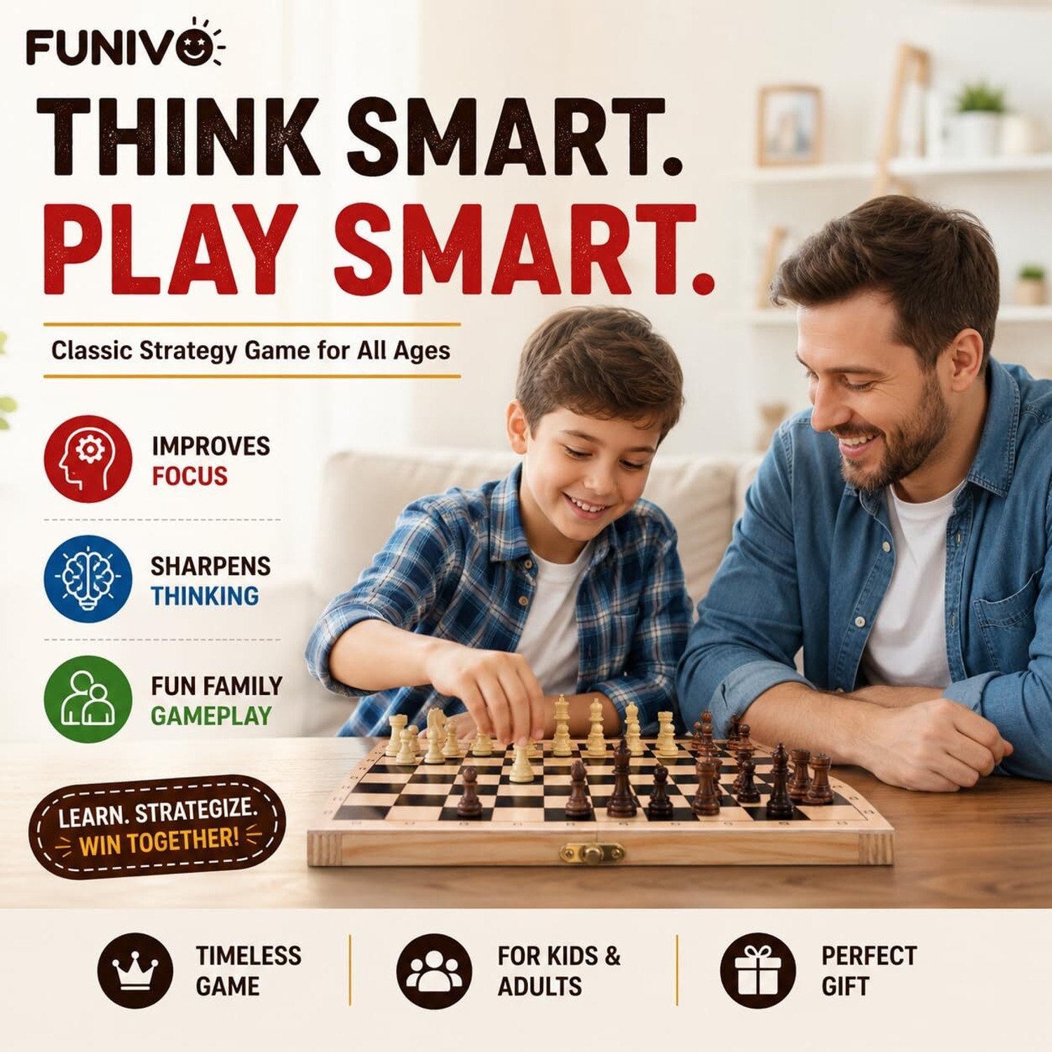 Image of FUNIVO Wooden Folding Chess Board Game Strategy & War Board Game