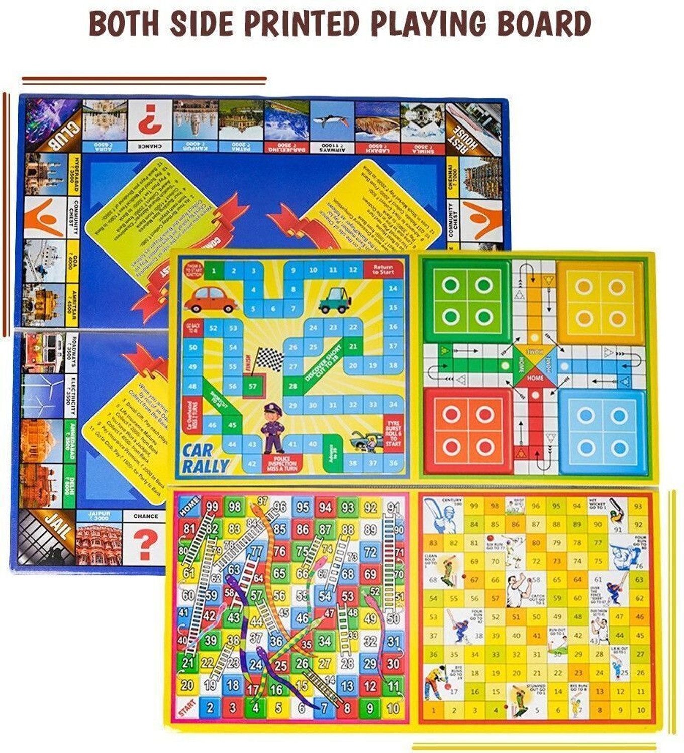 Image of BKDT Marketing Business India Board Game 5 In 1 Game n Ludo, Snakes Ladder, Car Race, Cricket Educational Board Games