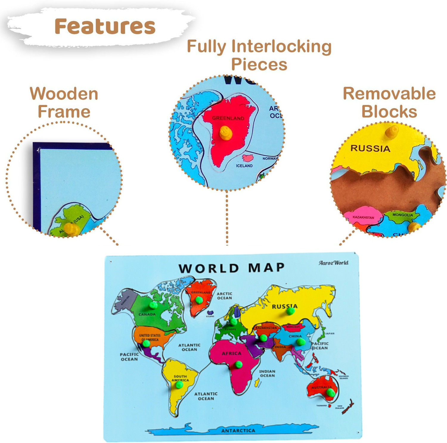 Image of AArozworld World Map Puzzles and indentifier BOAD with Knobs Educational Puzzle