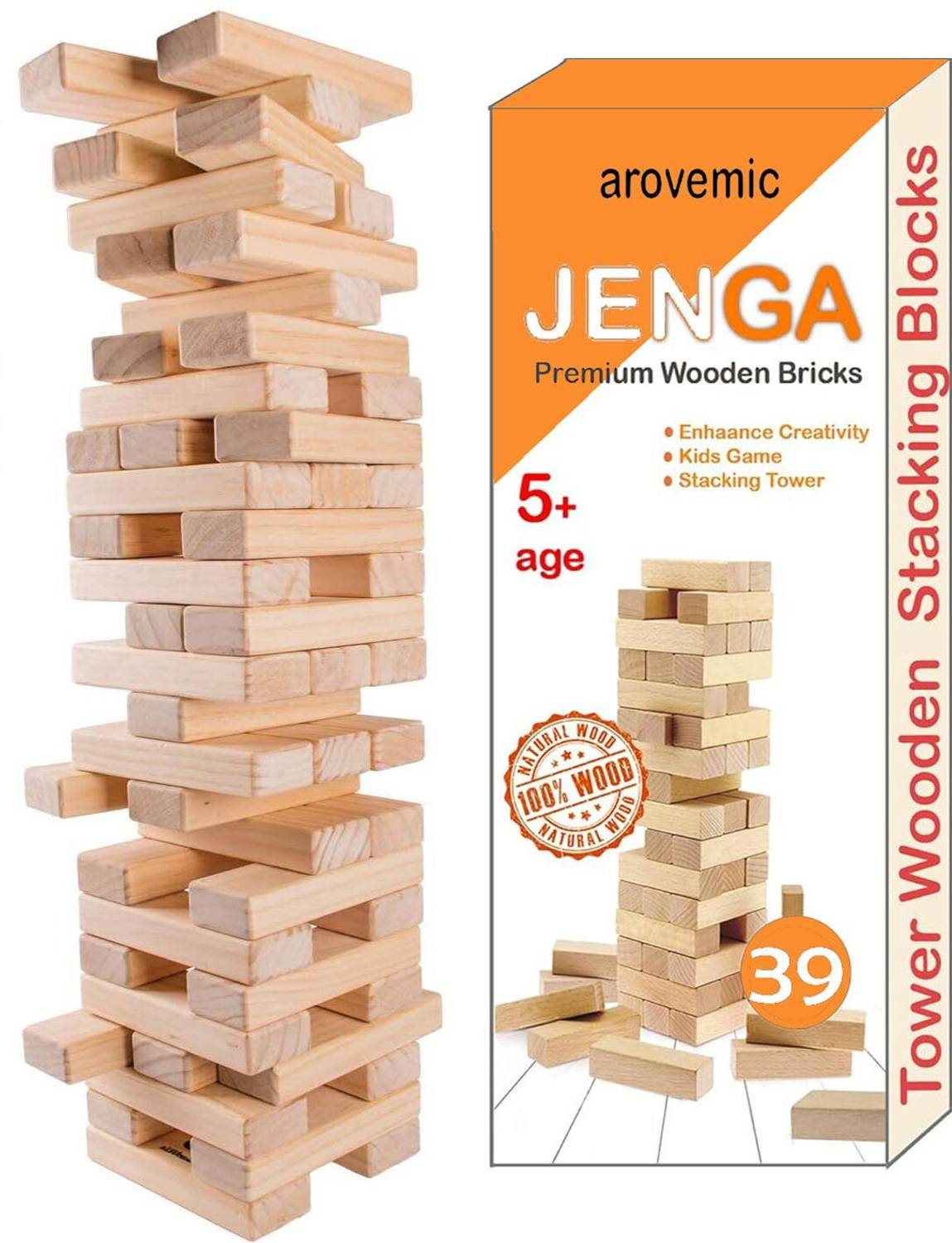 arovemic Jenga Wooden Block Stacking Tower Game for Kids Ages 5 and Up-5-1 Board Game Accessories