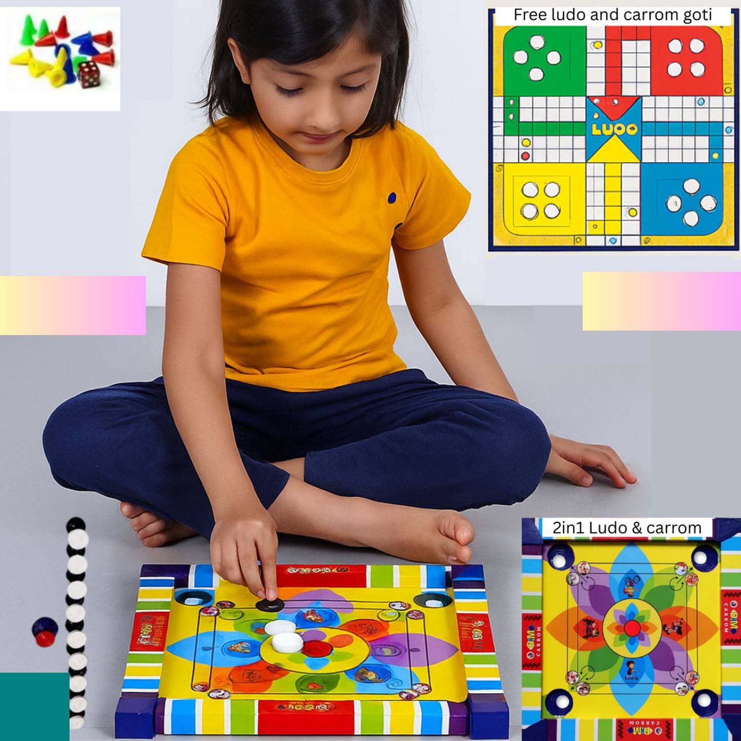 Aarvee 14" Inch Kids Colourful Carrom Board With Ludo Indoor Game Sport with Coins_ 65 Carrom Board Game