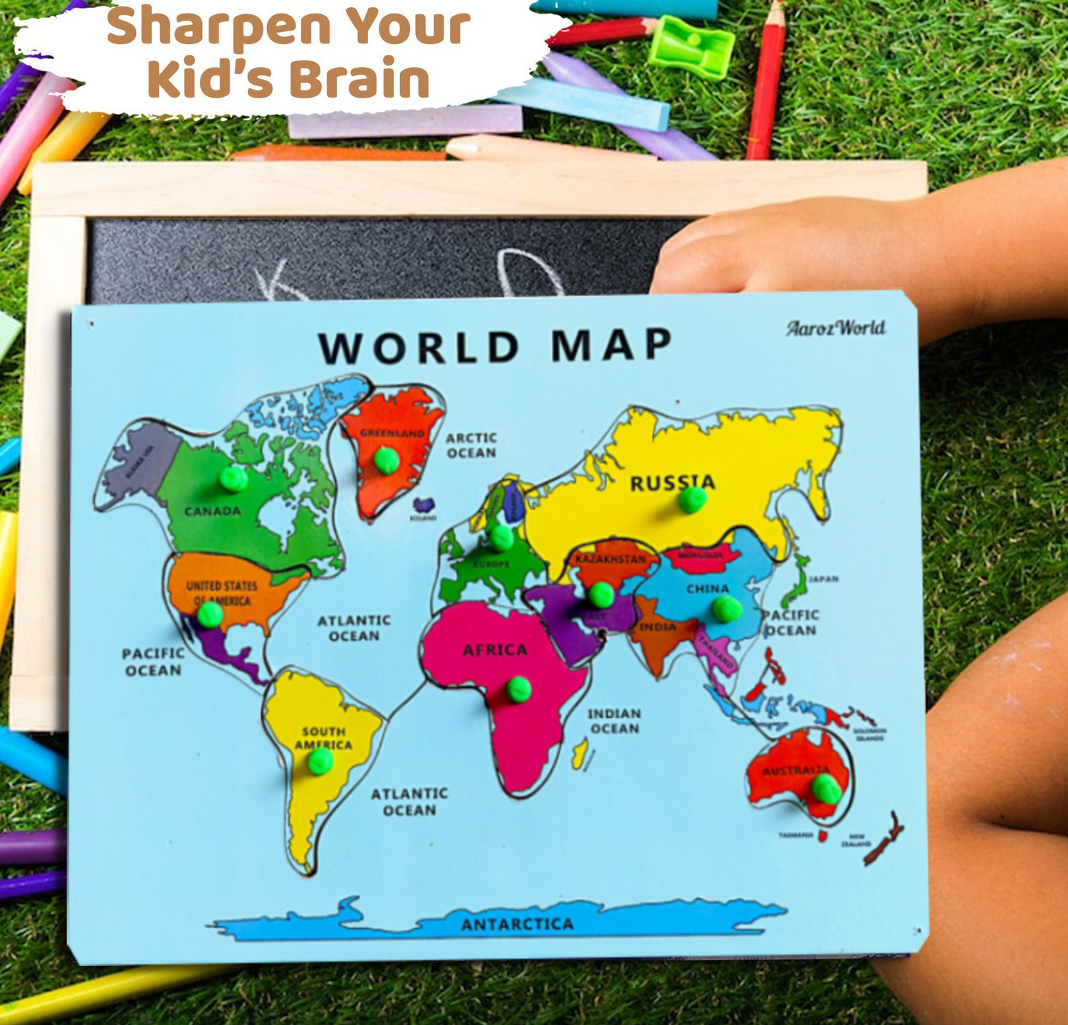 Image of AArozworld World Map Puzzles and indentifier BOAD with Knobs Educational Puzzle
