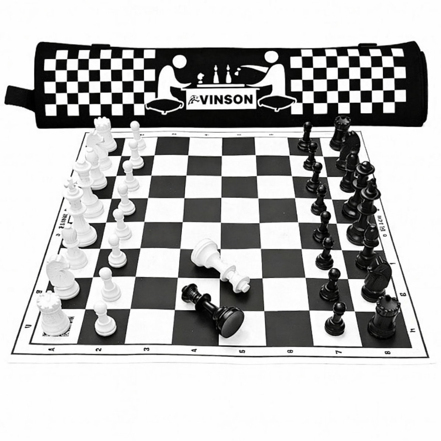 Image of Vinsonsports 17x17 FIDE Tournament Chess Set with Vinyl Roll-up Mat, 32 Pieces,2 Queens & Bag Board Game Accessories