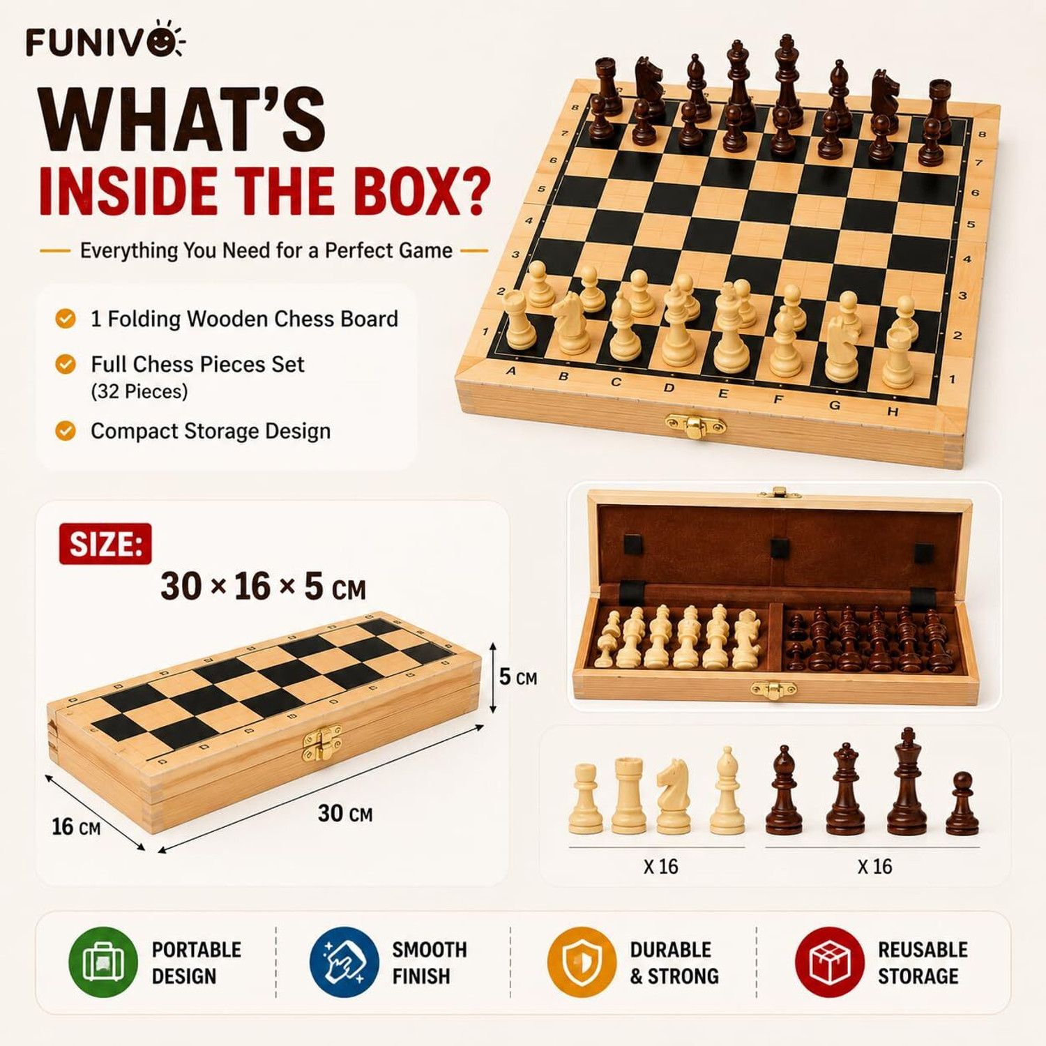 Image of FUNIVO Wooden Folding Chess Board Game Strategy & War Board Game