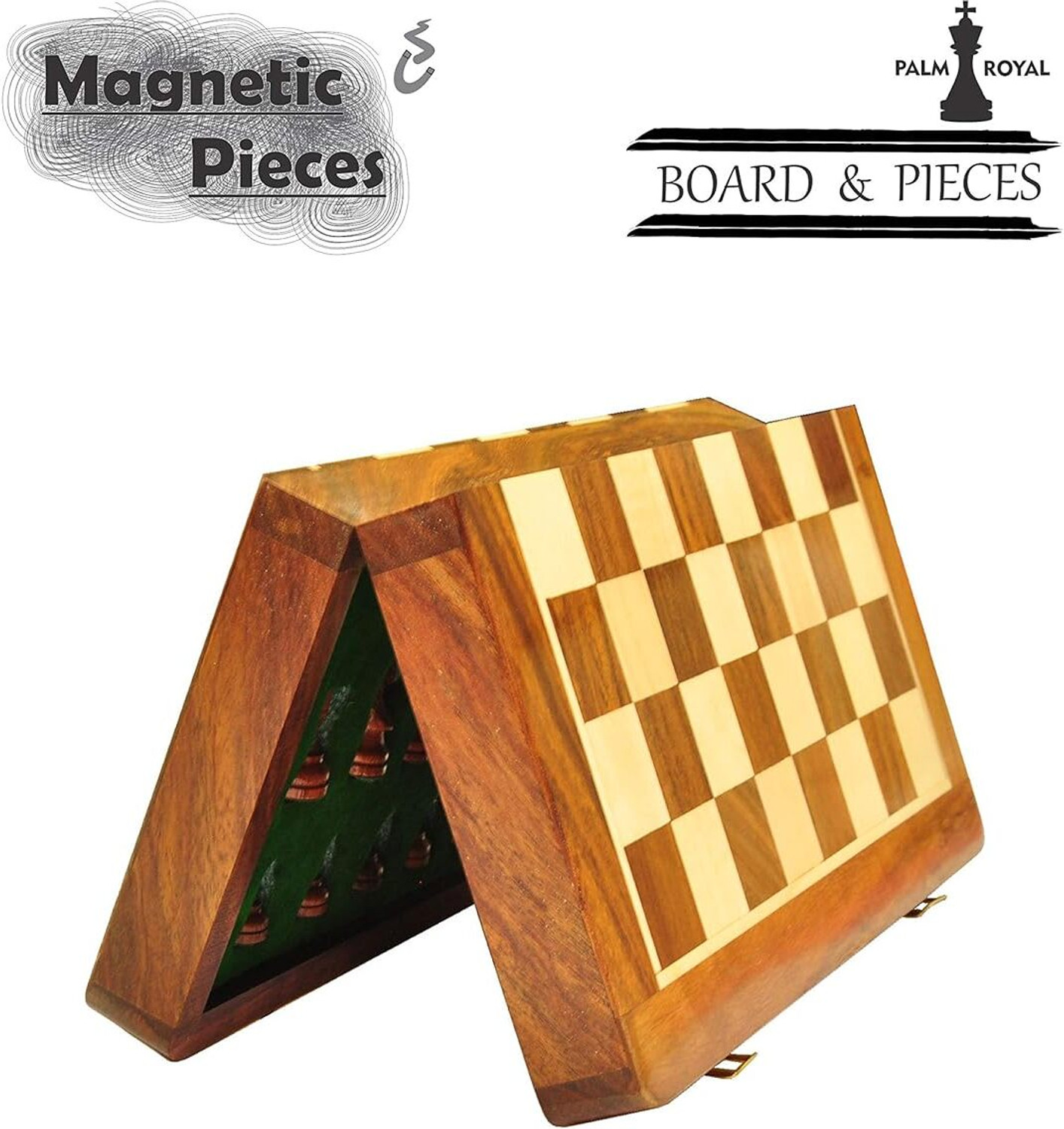 Image of Palm Royal Handicrafts Wooden Foldable 10x10 inches Chess Board Set strong magnetism with extra queens Educational Board Games
