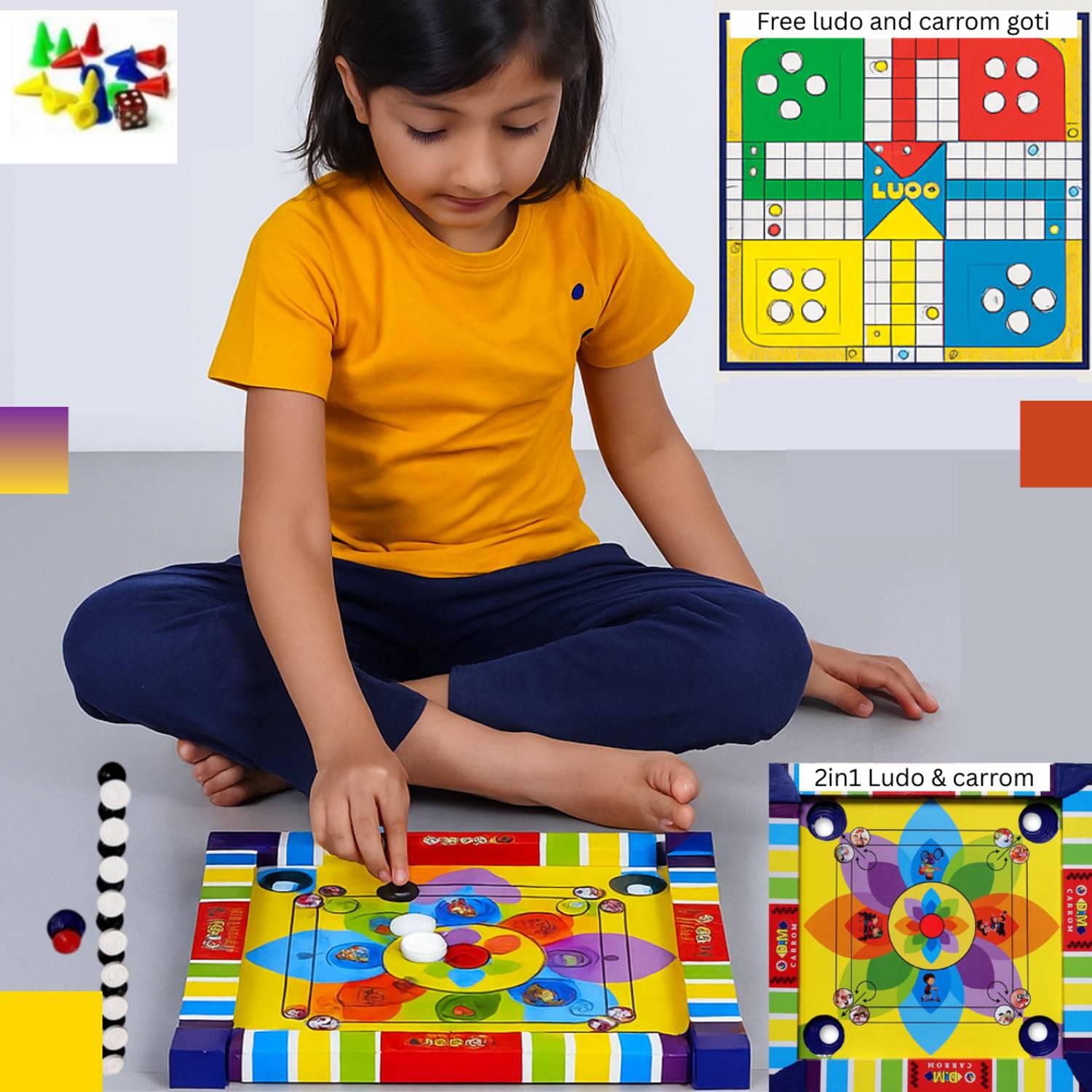 Aarvee 14" Inch Kids Colourful Carrom Board With Ludo Indoor Game Sport with Coins_ 57 Carrom Board Game
