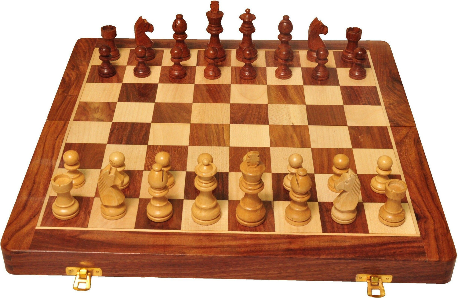 Image of Palm Royal Handicrafts Magnetic Folding Wooden Chess Board with 32 chess Pieces and 2 extra queen Educational Board Games