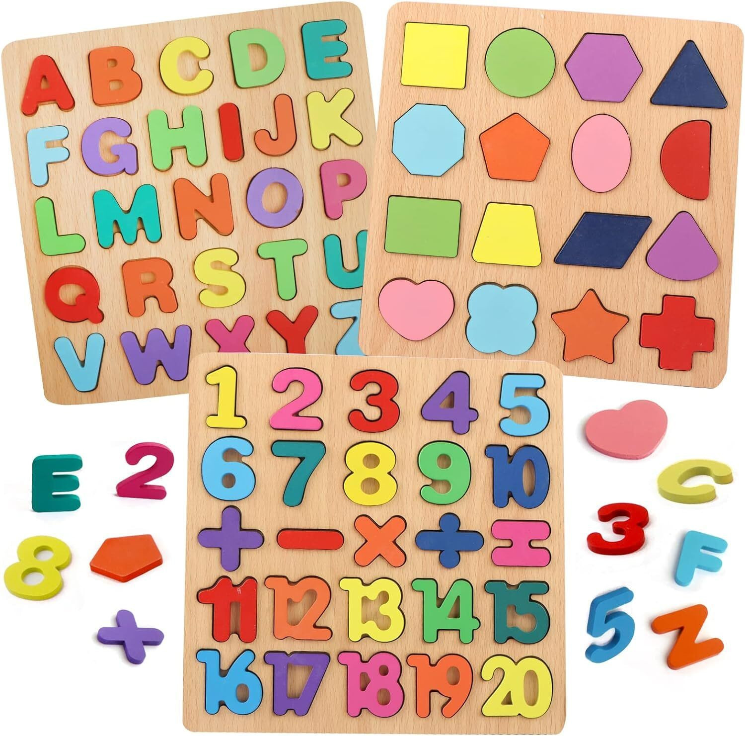 Image of TOOBIL Kids Colorful Wooden Puzzle Set Featuring 3D Capital Alphabets, Numbers, Shapes