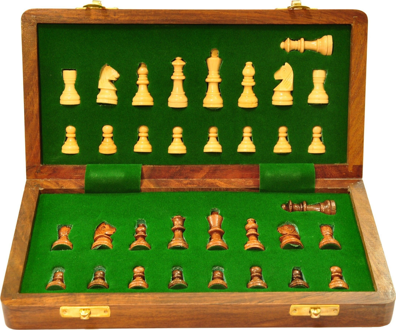 Image of Palm Royal Handicrafts Magnetic Folding Wooden Chess Board with 32 chess Pieces and 2 extra queen Educational Board Games