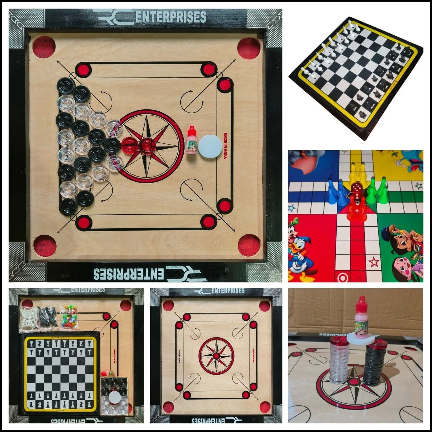 Image of r c enterprises Carrom Board 20*20 Inches (BLACK) COMBO With Ludo, Chess & Free Crystal Coins 4 cm Carrom Board