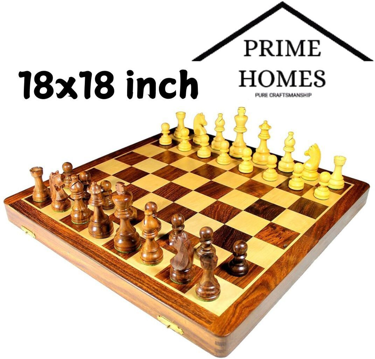 Image of PRIME HOMES Wooden Foldable Chess Board With Chess Pieces| 18x18 Inch 45.72 cm Chess Board