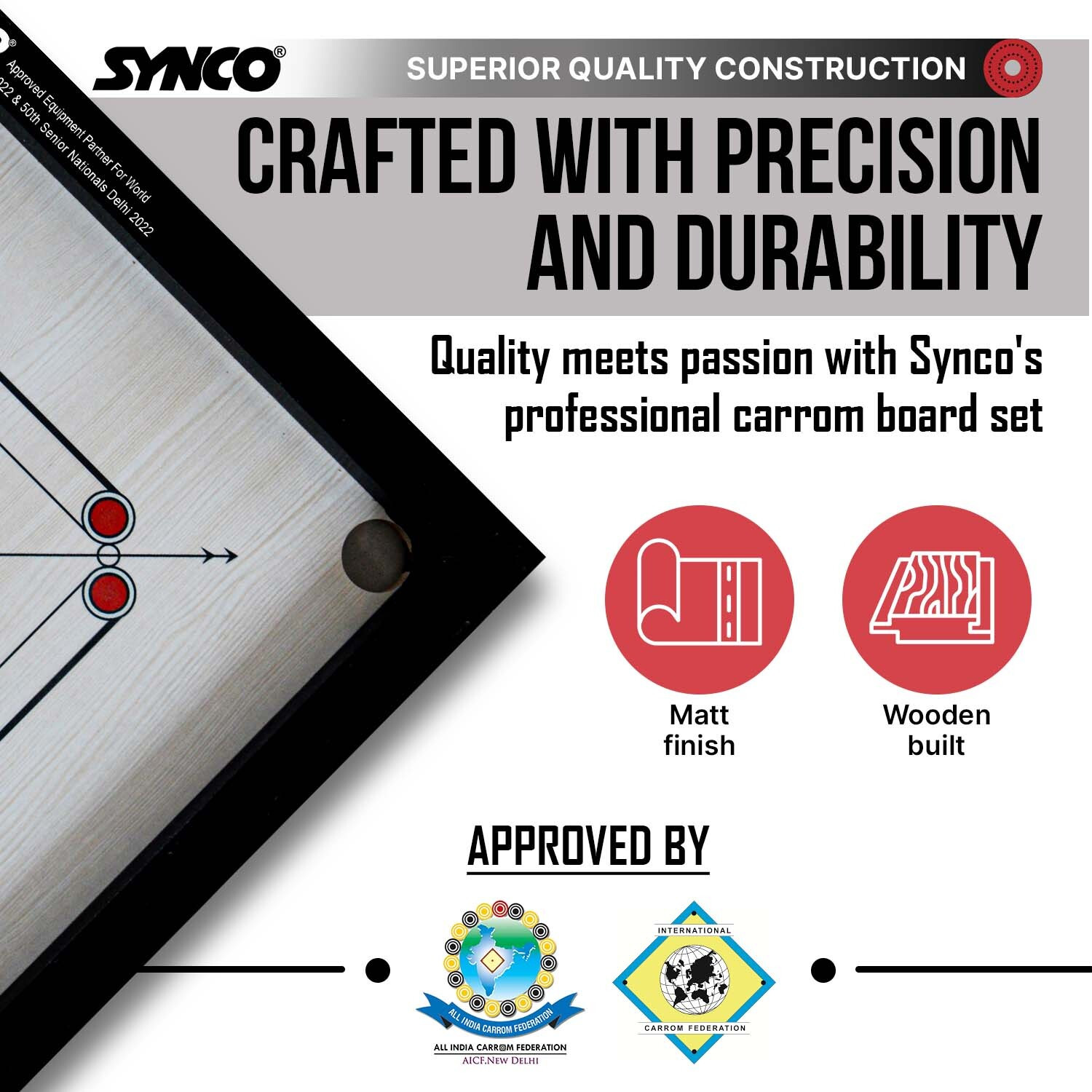 Image of SYNCO 32 inch Carrom Chakri Carrom Board For Beginner | 4mm Surface Thickness 3.8 cm Carrom Board