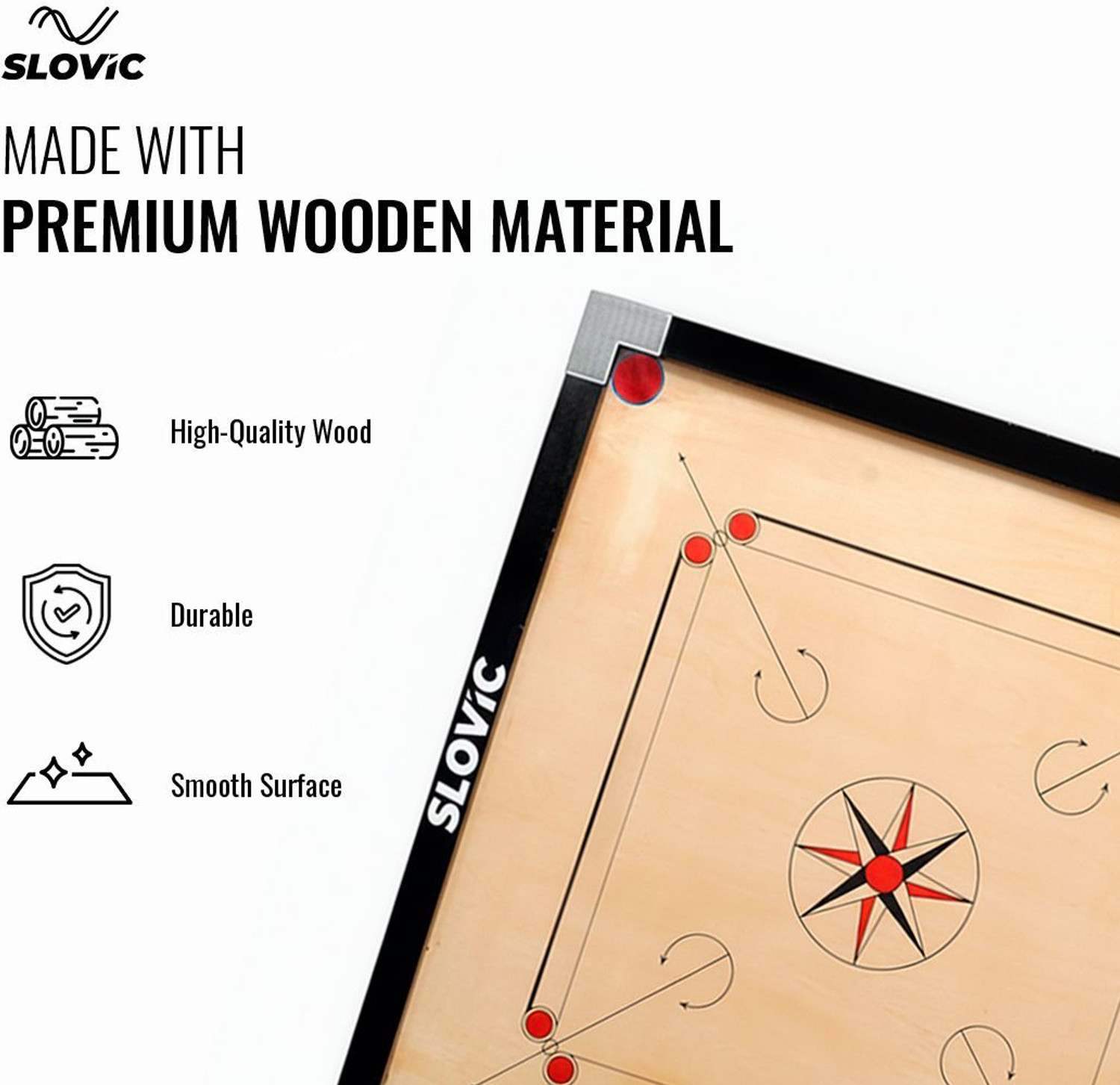 Image of SLOVIC Carrom Board | 26 x 26 inches with 20 Coins & Striker | 66 cm Carrom Board
