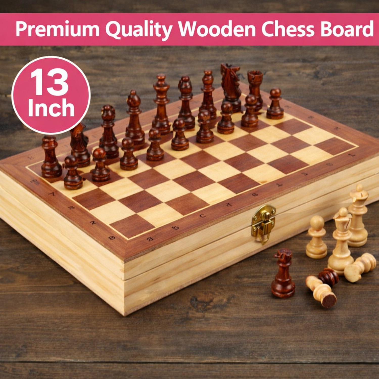 Image of Nakashi Premium Quality 13 Inch Wooden Chess Set with Folding Board & Storage 33 cm Chess Board