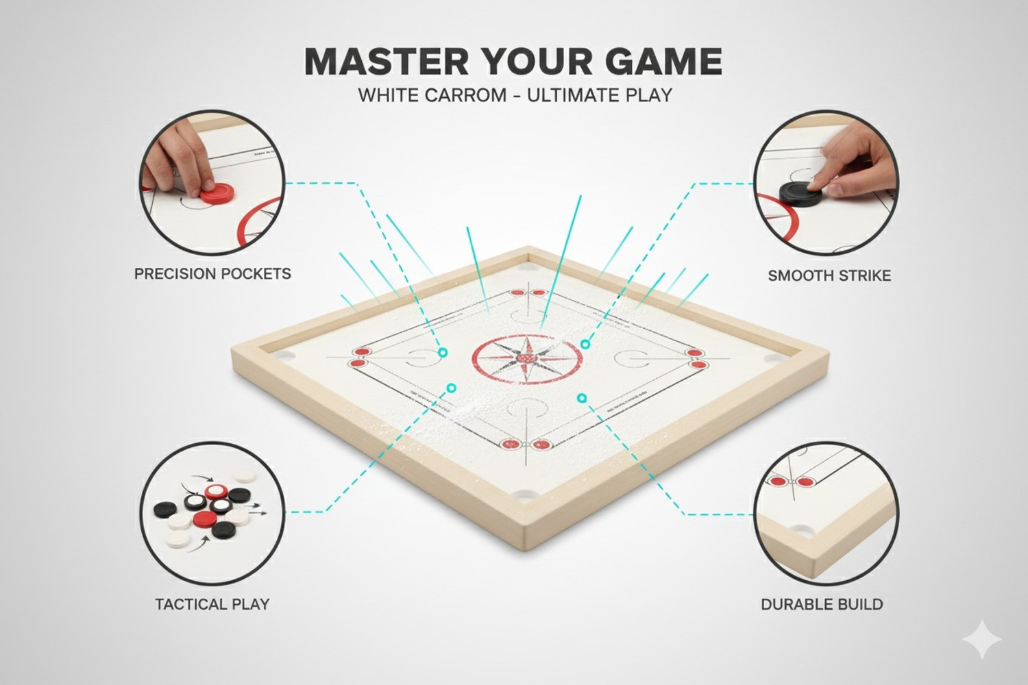 Image of Ishu Sports WHITE FULL SIZE CARROM WITH STRIKER,COINS AND POWDER 82 cm Carrom Board