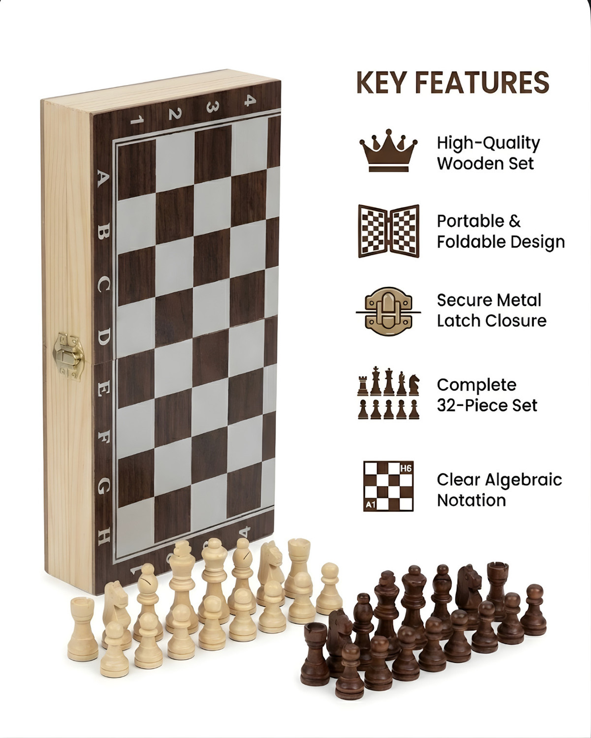 Image of Nakashi 12 Inch Wooden Folding Chess Set with Storage | Chess Game for Kids & Adults 30 cm Chess Board
