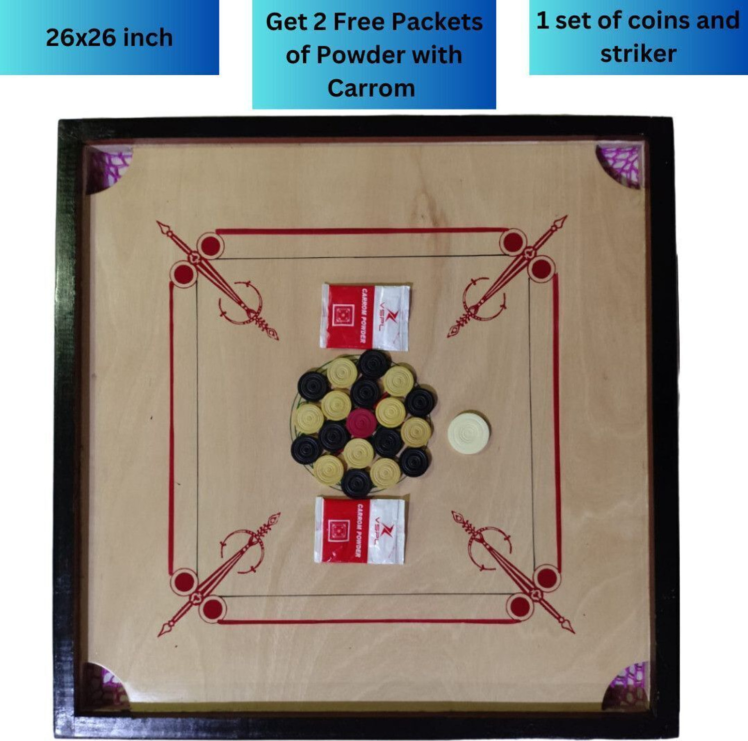 Image of Trex Sports 26 inch Full Size with Gloss Finish, Coins Striker and Boric Powder 50.8 cm Carrom Board