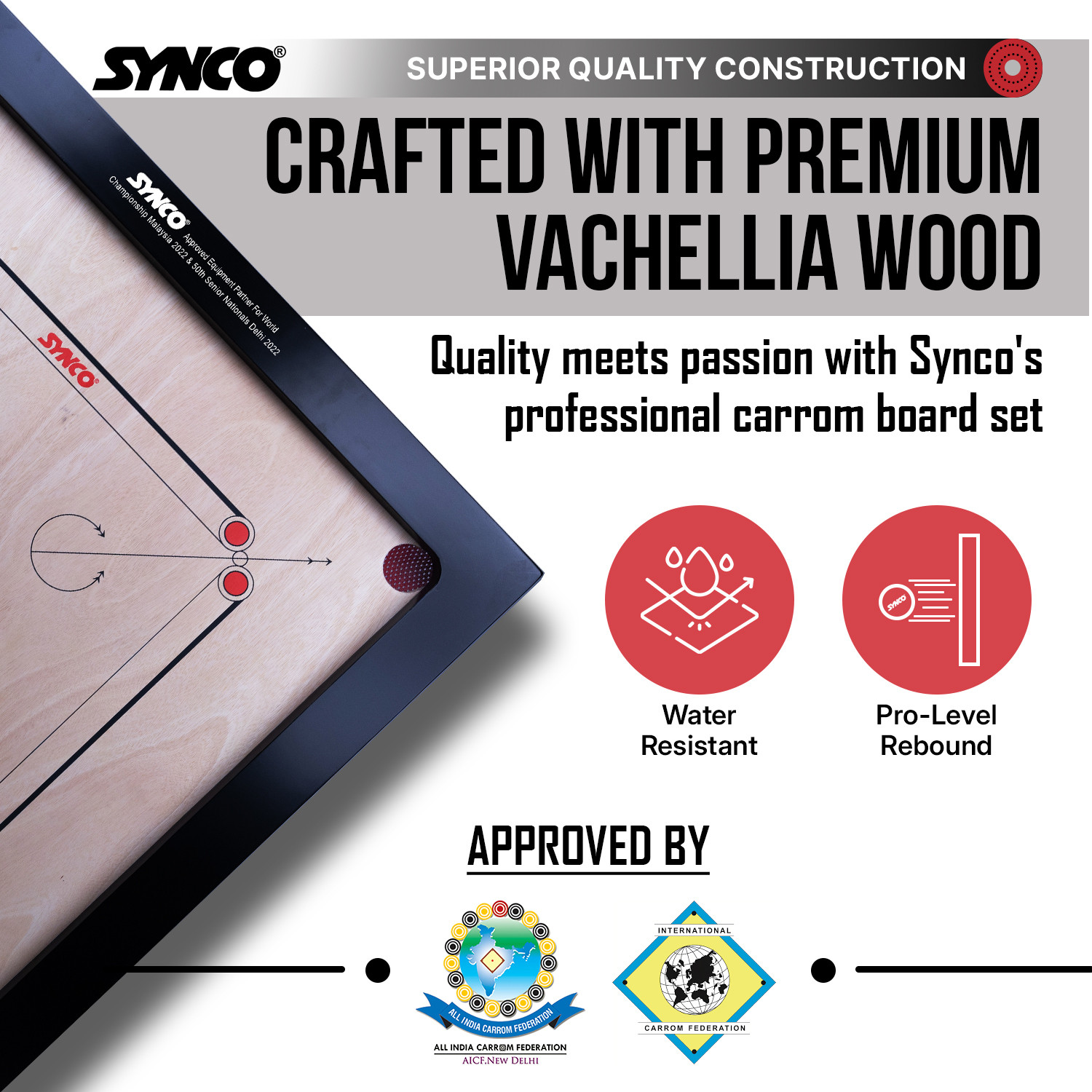 Image of SYNCO 36 inch Chakri Carrom Board|Pro Trainer Board For Amateurs|4mm Surface Thickness 5 cm Carrom Board