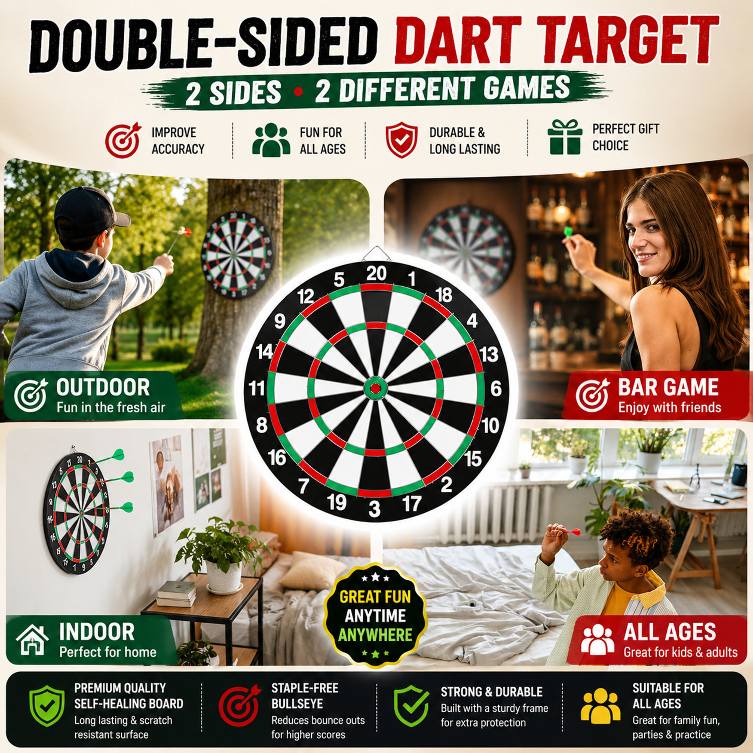 Image of Absales Premium Double-Sided Dartboard 38 cm 38.1 cm Dart Board