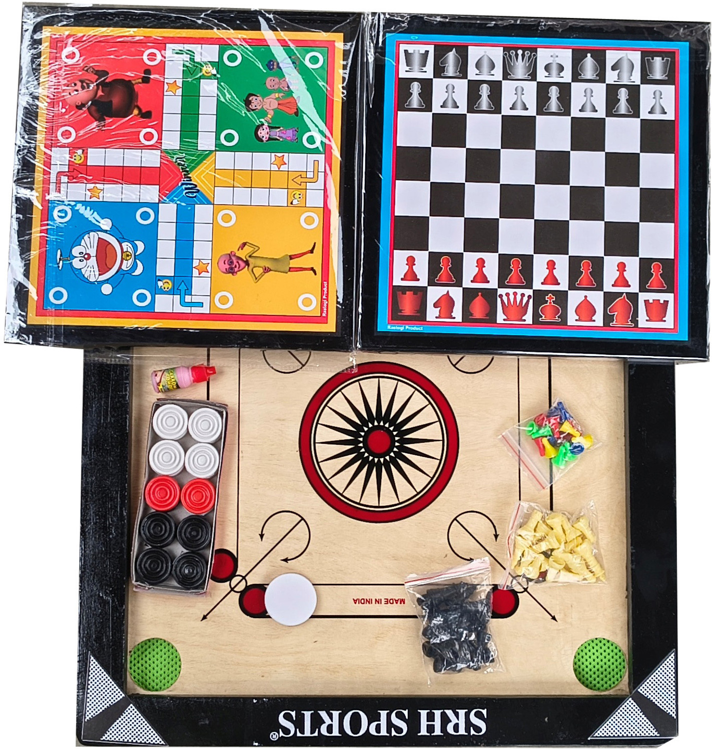 Image of Srh Sports 20X20 INCH SMALL SIZE CARROM WITH 20 PCS PLASTIC COIN WITH CHESS . 5 cm Carrom Board