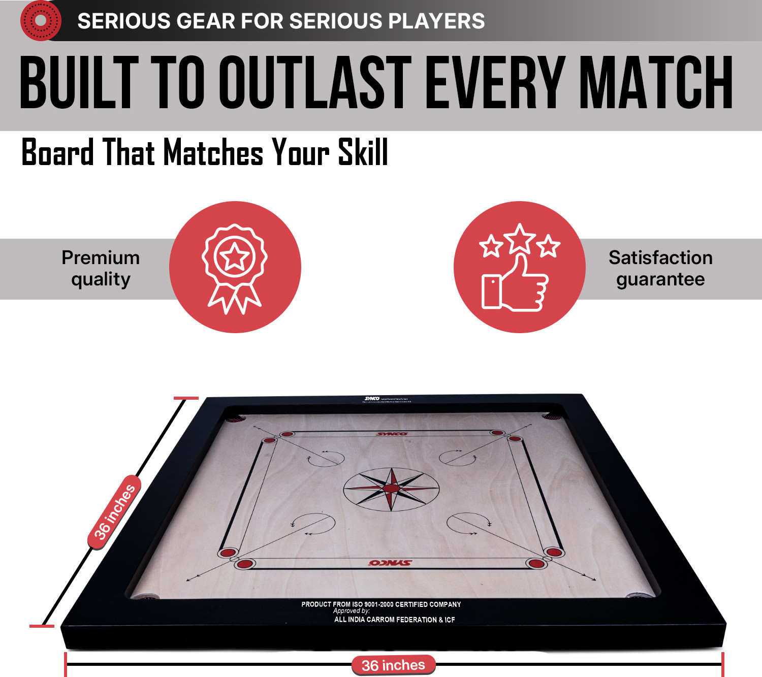 Image of SYNCO 36 inch Chakri Carrom Board|Pro Trainer Board For Amateurs|4mm Surface Thickness 5 cm Carrom Board