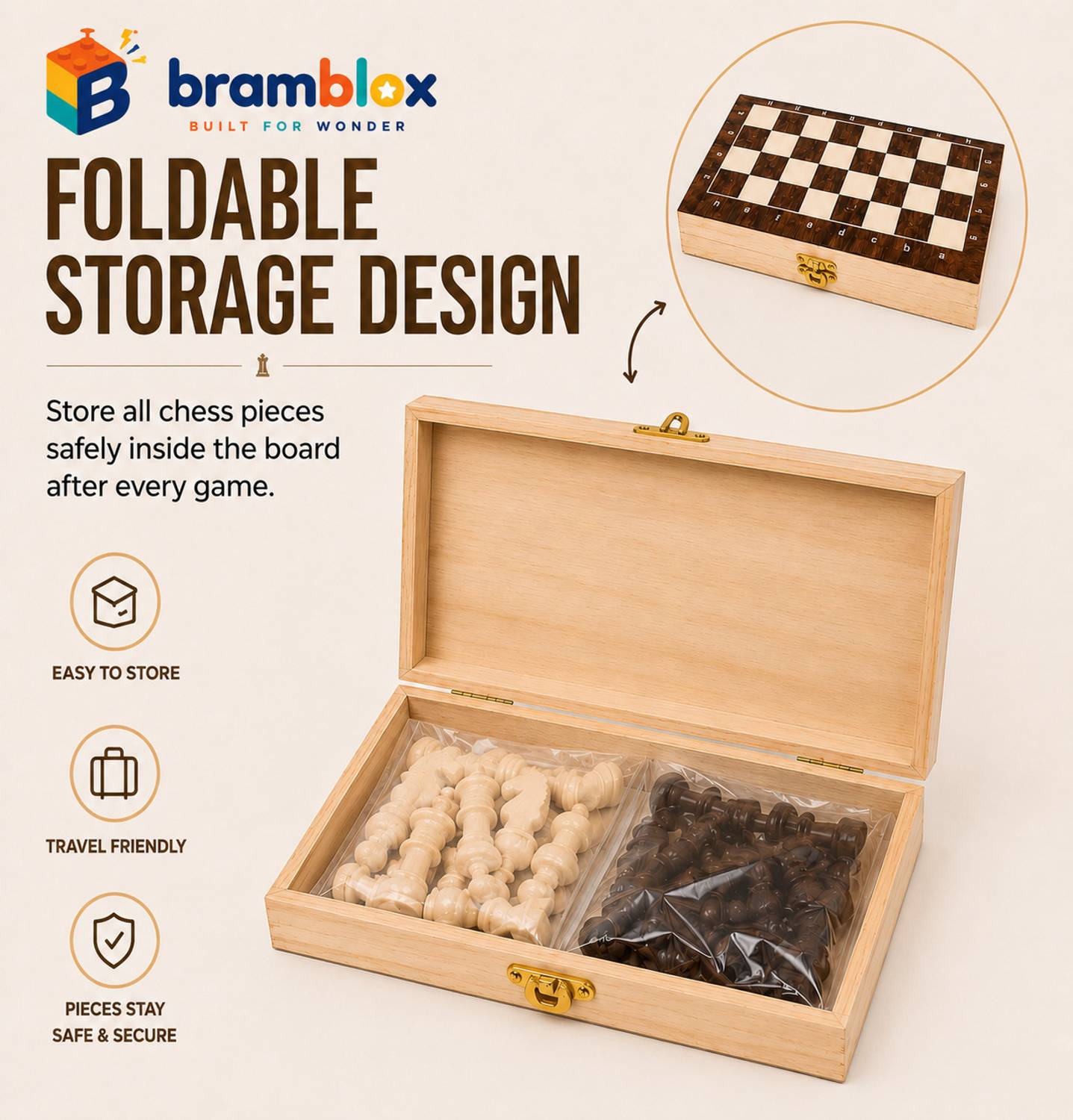 Bramblox 30 cm Foldable Wooden Chess Board - Image 3