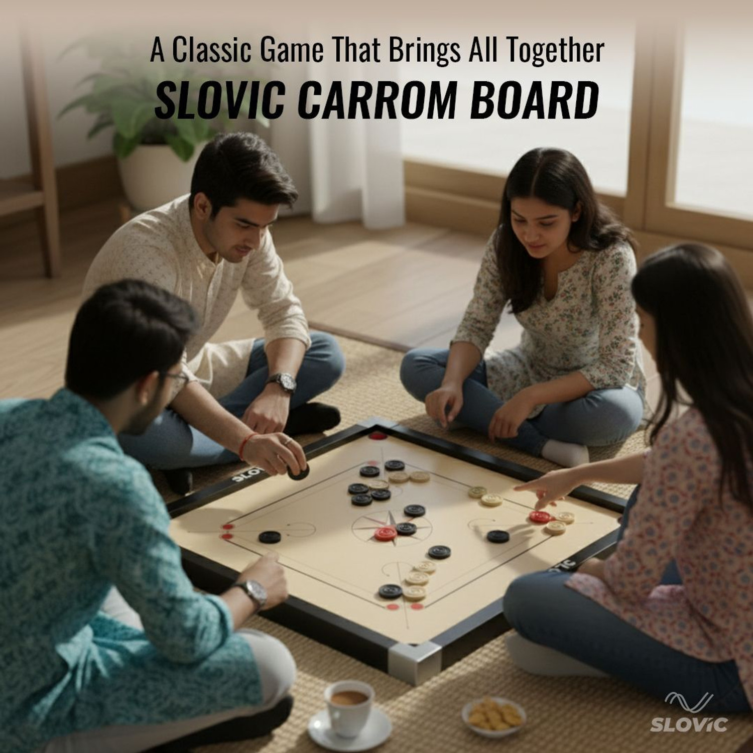 Image of SLOVIC Carrom Board | 26 x 26 inches with 20 Coins & Striker | 66 cm Carrom Board