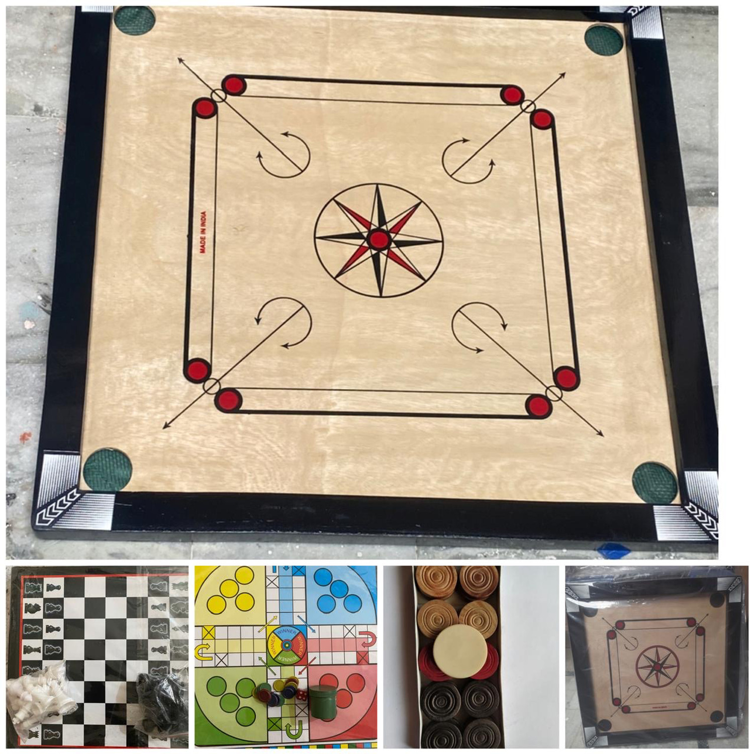 Image of Shivtirth CARROM BOARD 20 Inch with Ludo&Chess, 24Pcs.Wooden Coins, Powder, Striker 50 cm Carrom Board