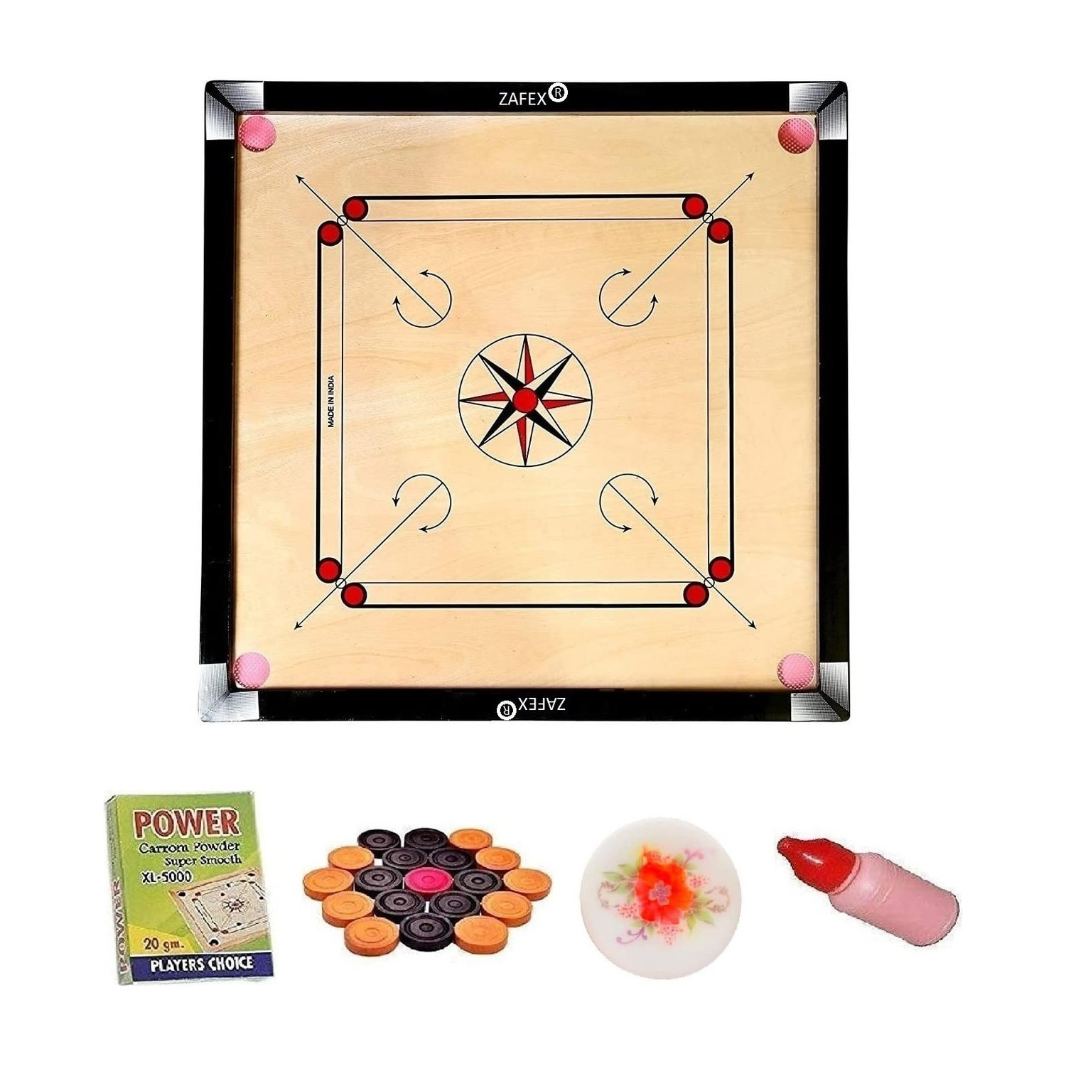 Image of ZAFEX Carrom Board with Coins Striker and Boric Powder Combo Number Eleven 81.28 cm Carrom Board (Black)
