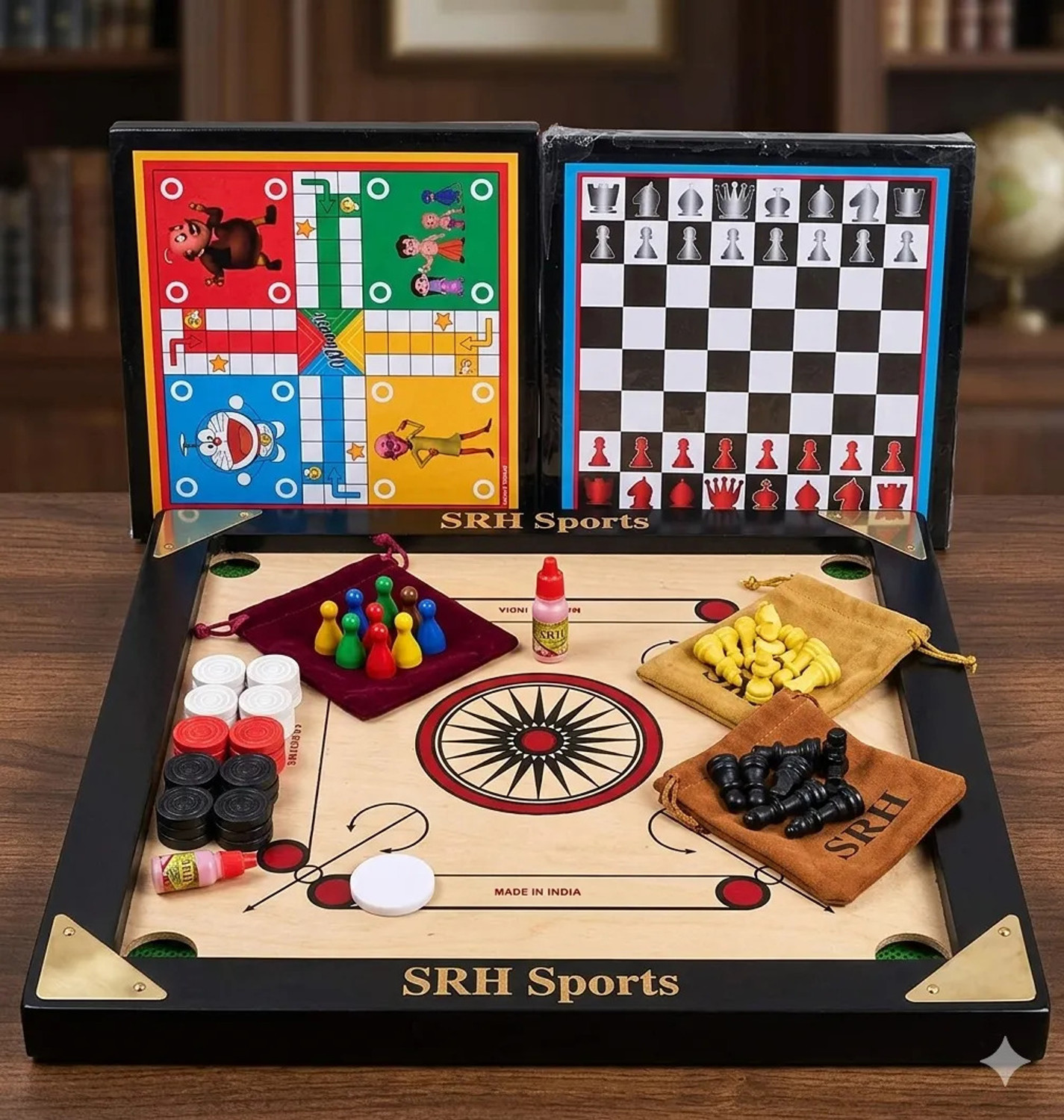 Image of Srh Sports 20X20 INCH SMALL SIZE CARROM WITH 20 PCS PLASTIC COIN WITH CHESS . 5 cm Carrom Board