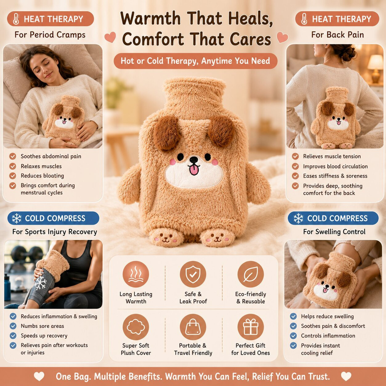 Image of Snopple Cozy Puppy Hot Water Bag for Menstrual Cramps Muscle Pain & Relaxation Plaster & Patch (2000 ml)
