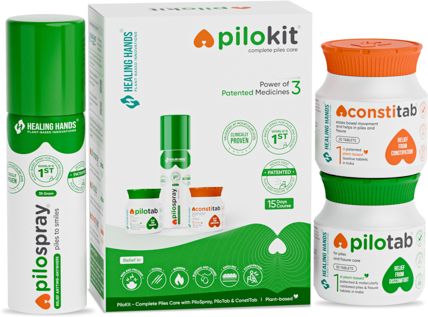 Image of Healing Hands PiloKit Piles Care Kit 15-Day| 3 Patented Medicines- PiloSpray PiloTab ConstiTab