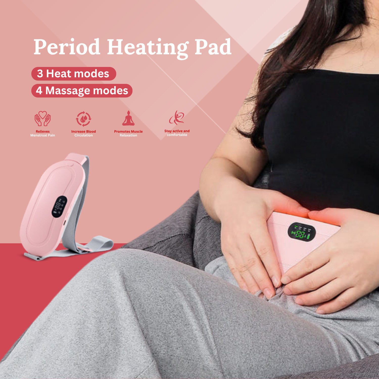 Image of CareDone Menstrual Cramp Relief Belt with Adjustable Heat & Massage Modes - USB Charging Tablets
