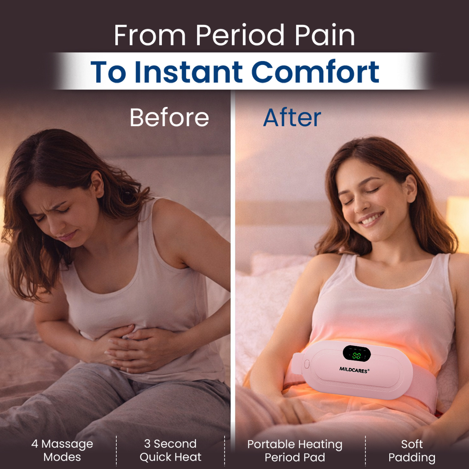 Image of MILDCARES Period Pain Relief Belt Rechargeable Heating Pad Pain Relief Roll‑On + Carry Bag Plaster & Patch