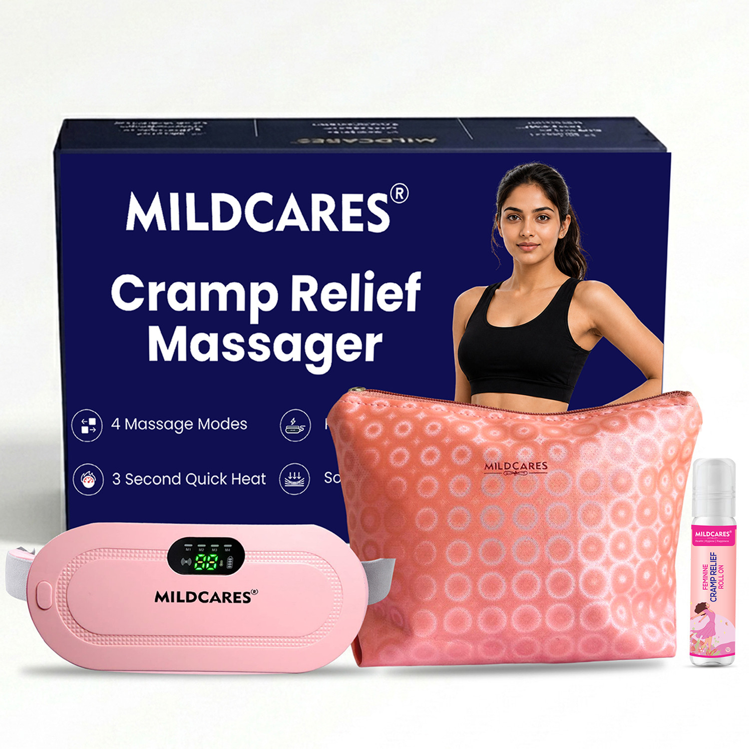 Image of MILDCARES Period Pain Relief Belt Rechargeable Heating Pad Pain Relief Roll‑On + Carry Bag Plaster & Patch