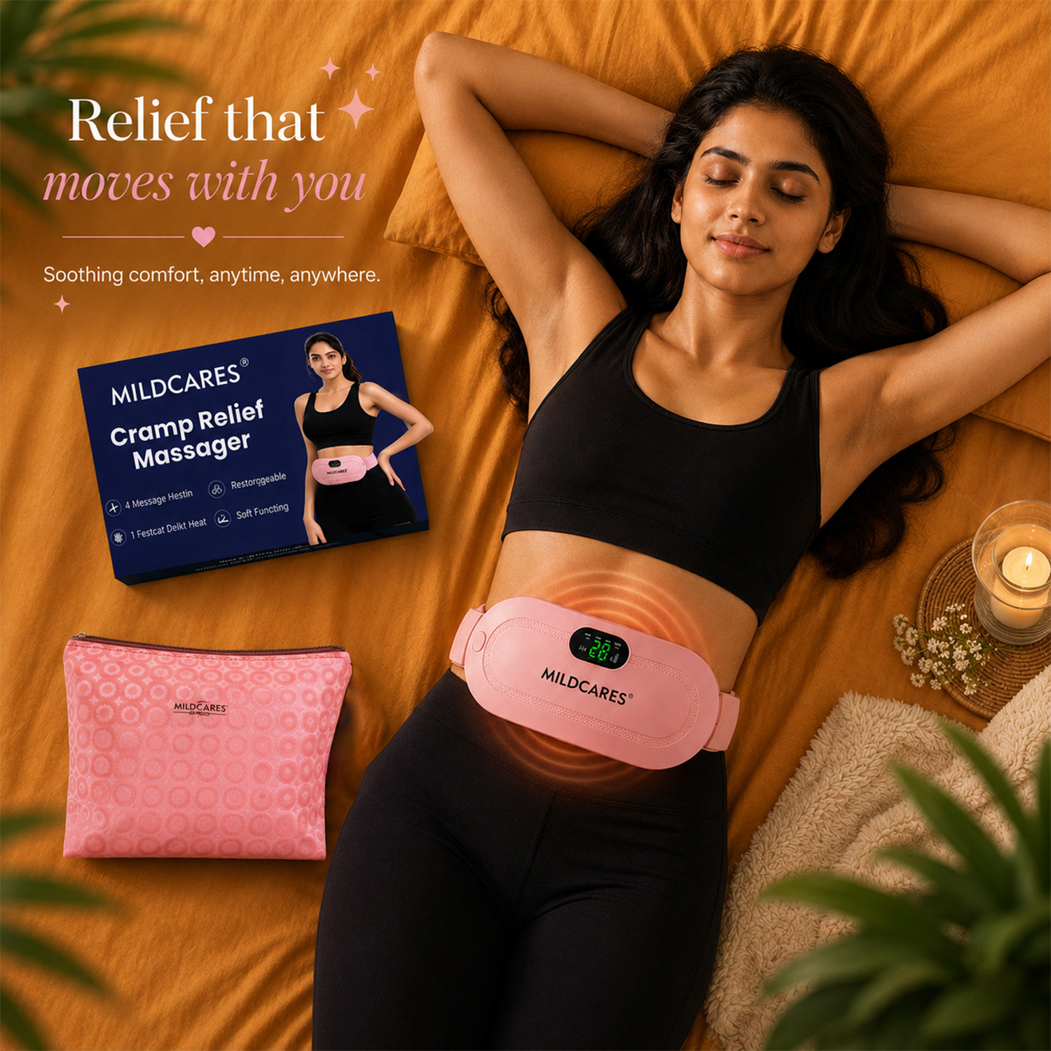 Image of MILDCARES Period Pain Relief Massager | Rechargeable Heating Pad Belt & New Carry Pouch Plaster & Patch