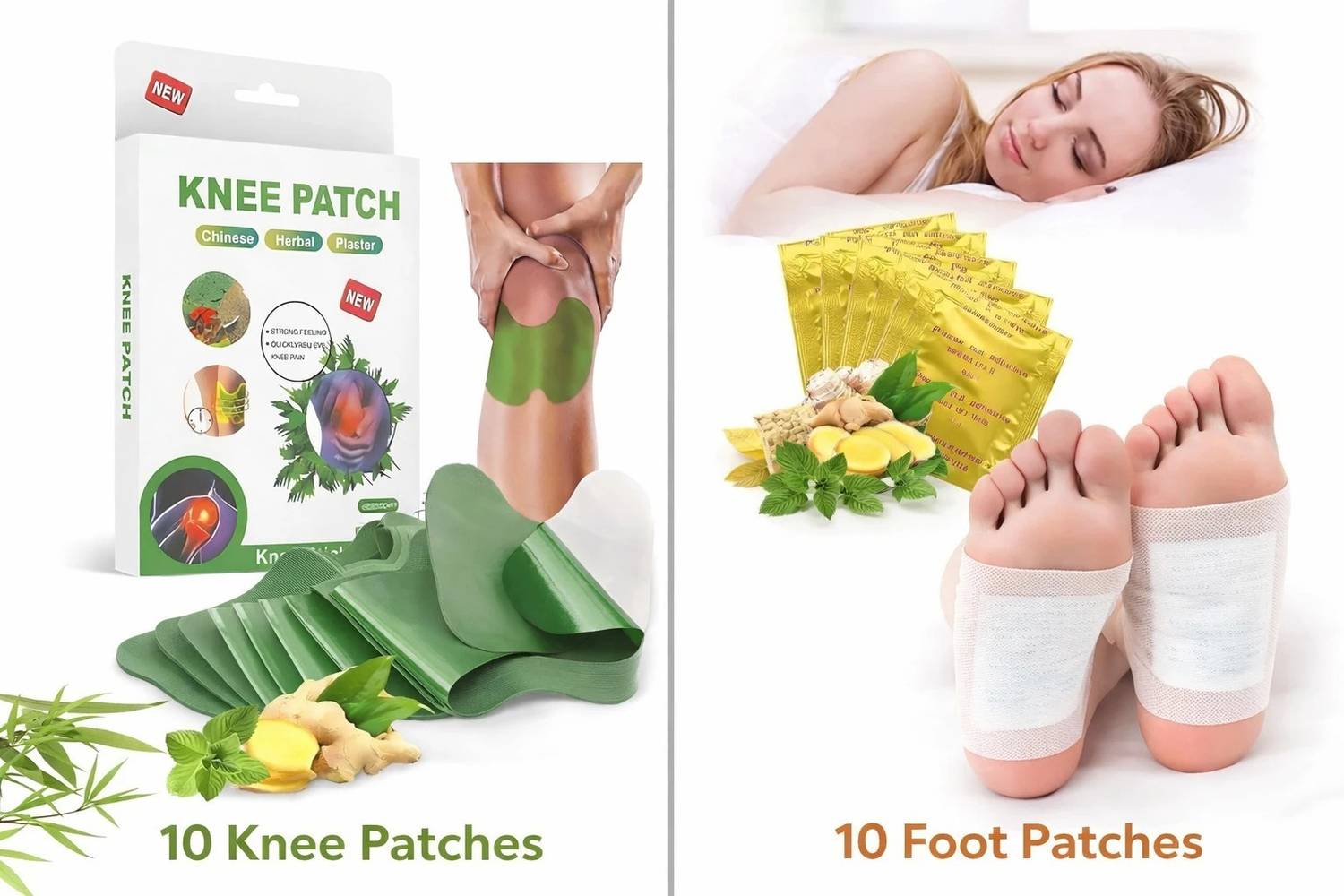 Calmsole Pure Herbal Patches with Ginger & Bamboo – 10 Knee + 10 Foot Count Bundle Plaster & Patch