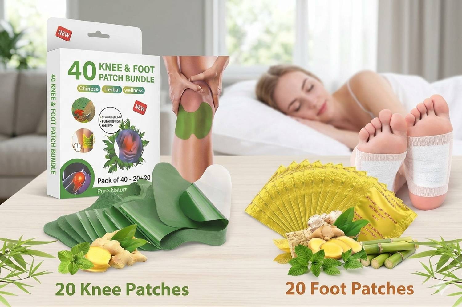 Calmsole Pure Herbal Patches with Ginger & Bamboo – 20 Knee + 20 Foot Count Bundle Plaster & Patch