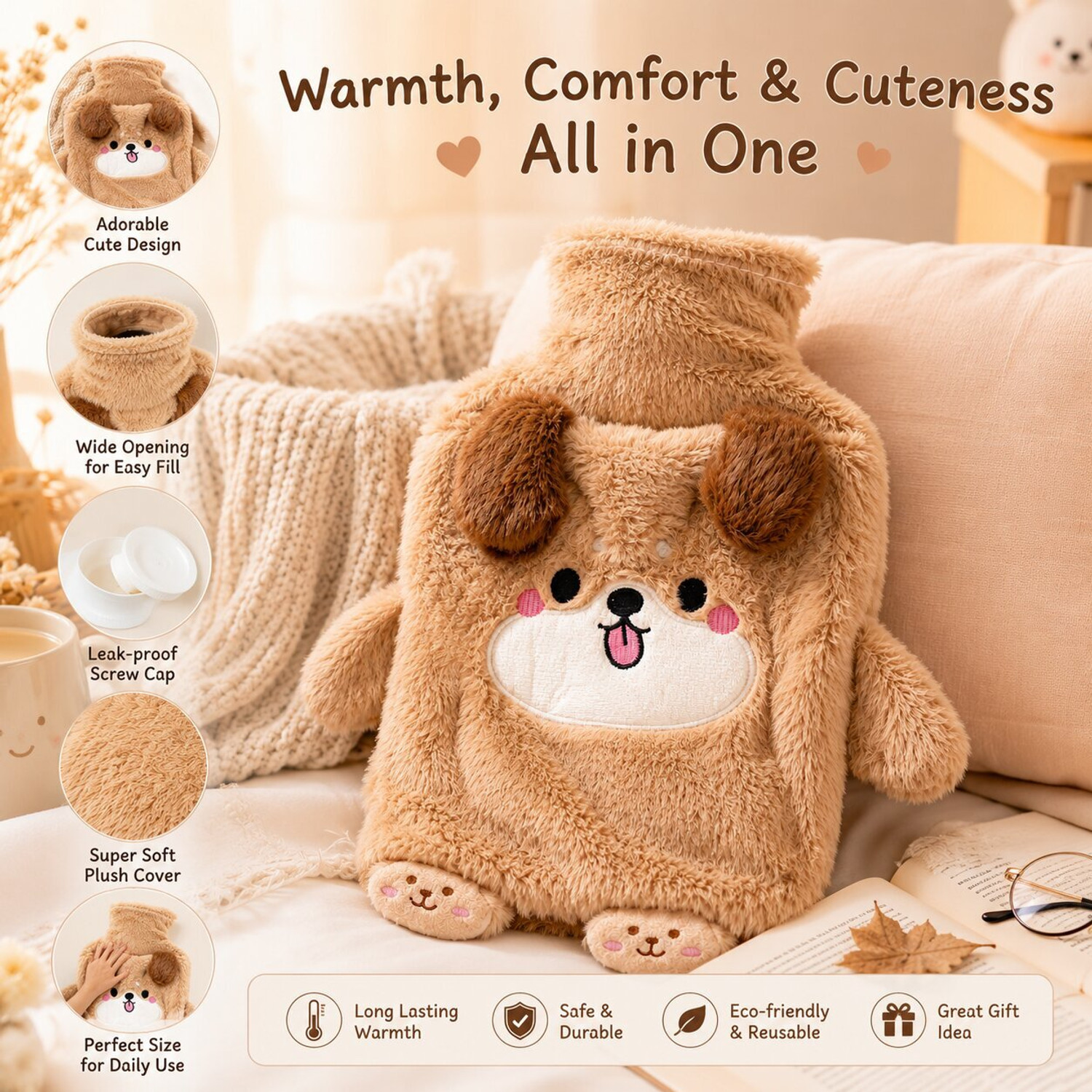 Image of Snopple Cozy Puppy Hot Water Bag for Menstrual Cramps Muscle Pain & Relaxation Plaster & Patch (2000 ml)