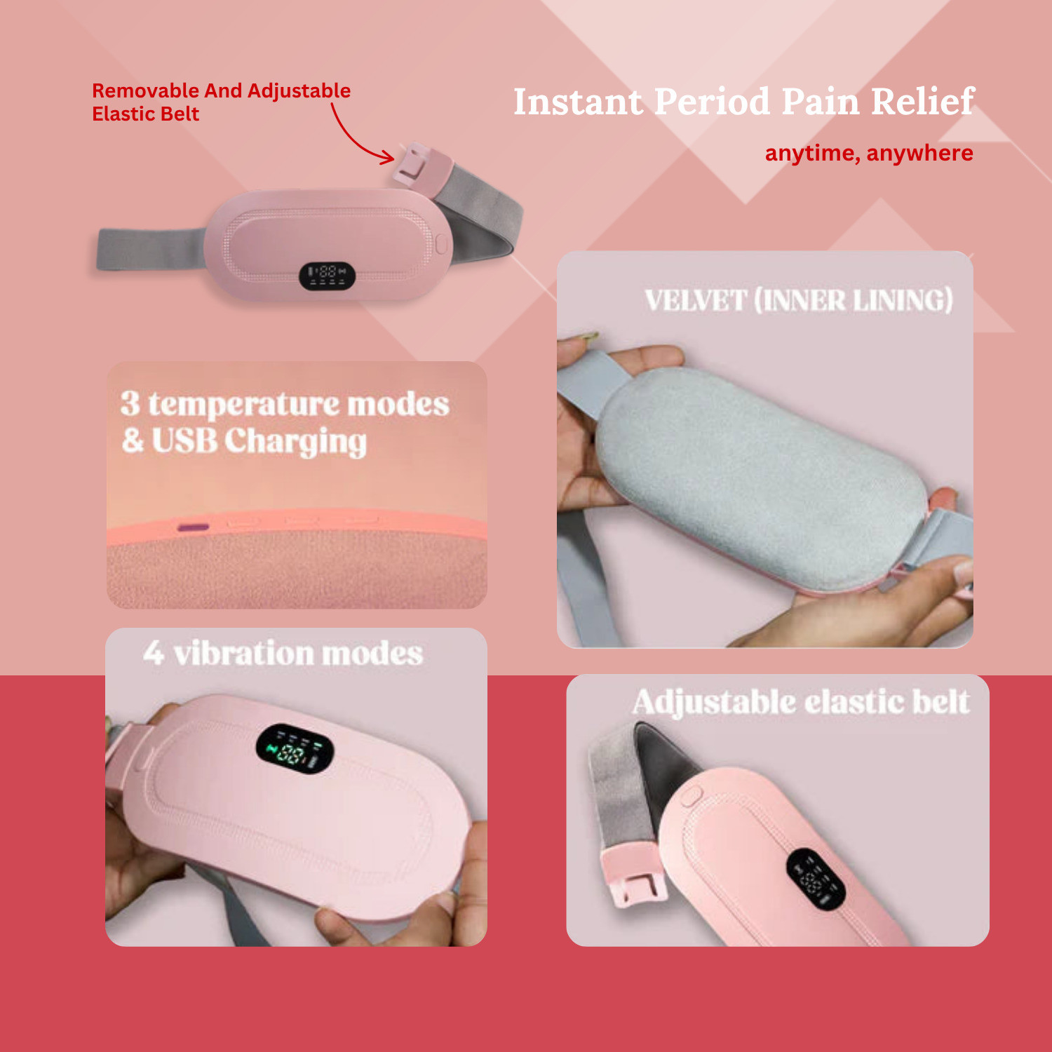 Image of CareDone Menstrual Cramp Relief Belt with Adjustable Heat & Massage Modes - USB Charging Tablets