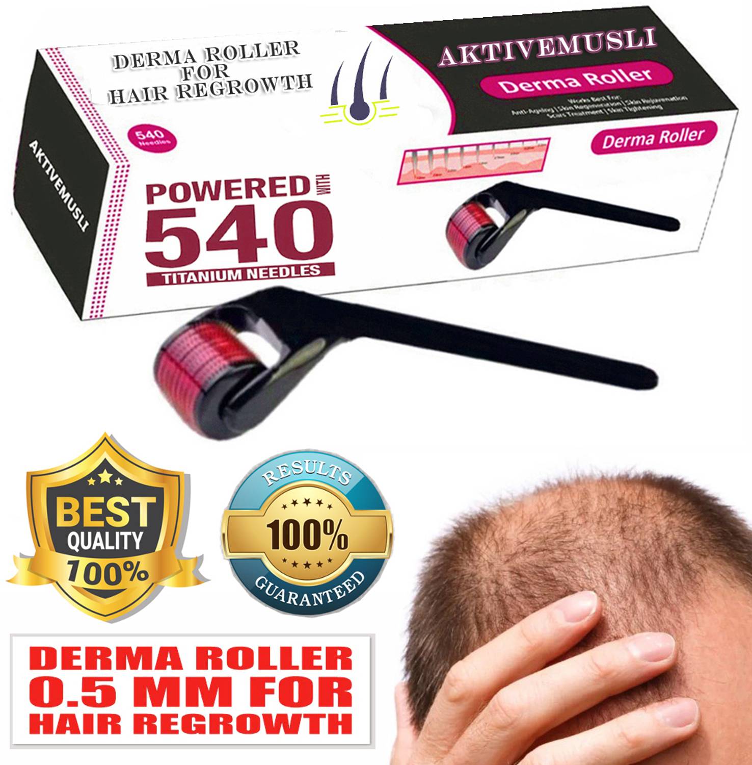 Aktivemusli Derma Roller 0.5mm, Titanium Microneedle Roller for Face