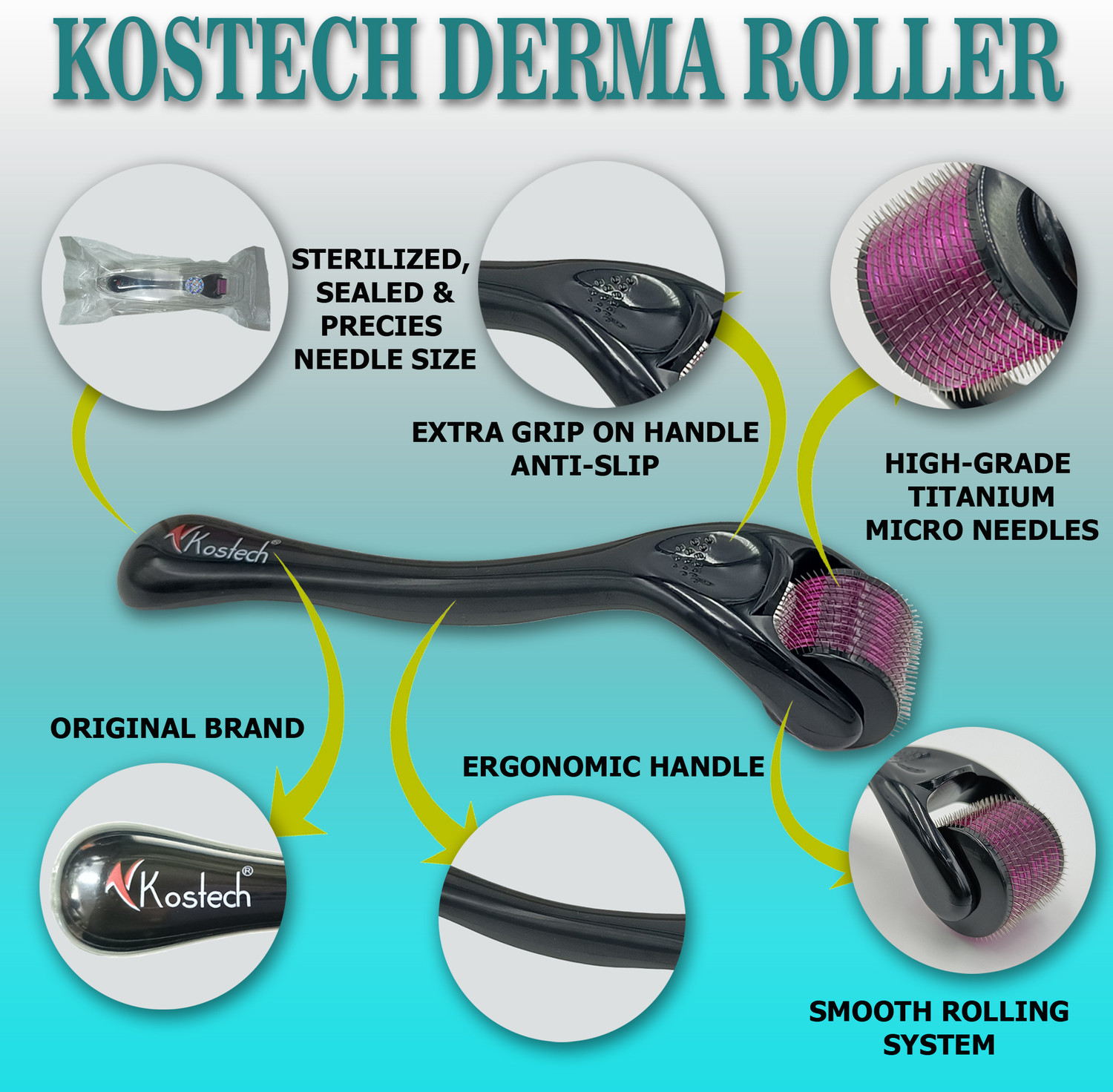 Image of Kostech KDR 0.5mm with 540 Titanium Derma Roller For Anti-aging, Anti-wrinkle, Acne Scar Removal